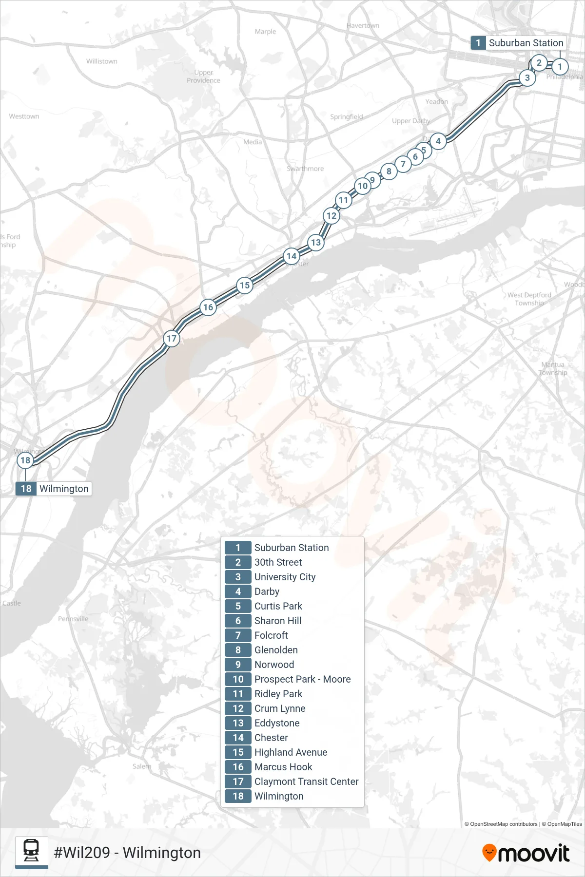 WIL train Line (#Wil209 - Wilmington) route and stops on a map