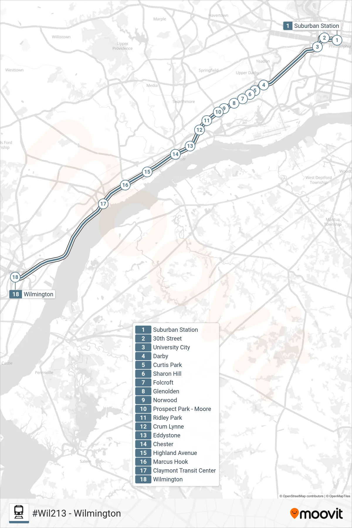 WIL train Line (#Wil213 - Wilmington) route and stops on a map