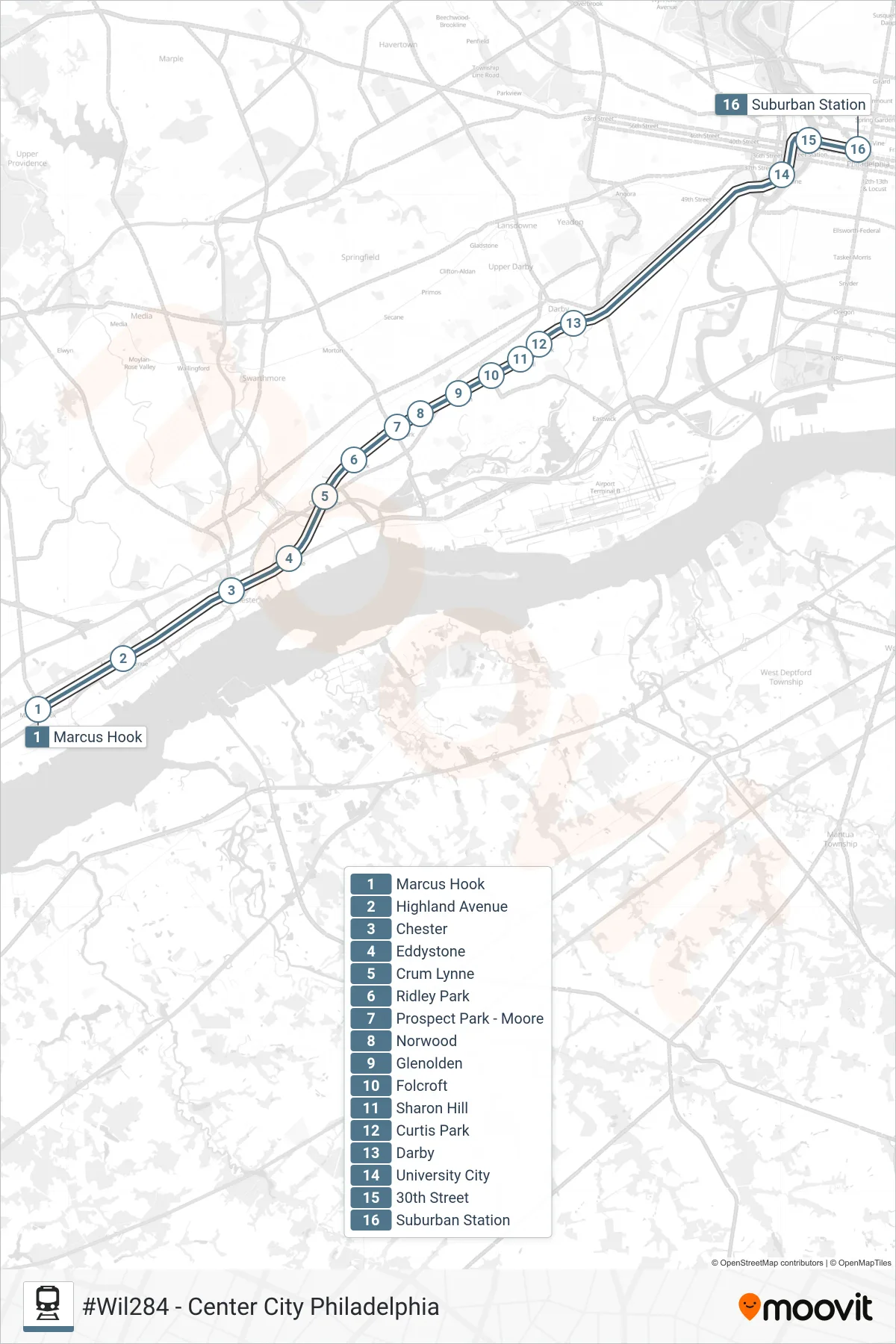 WIL train Line (#Wil284 - Center City Philadelphia) route and stops on a map