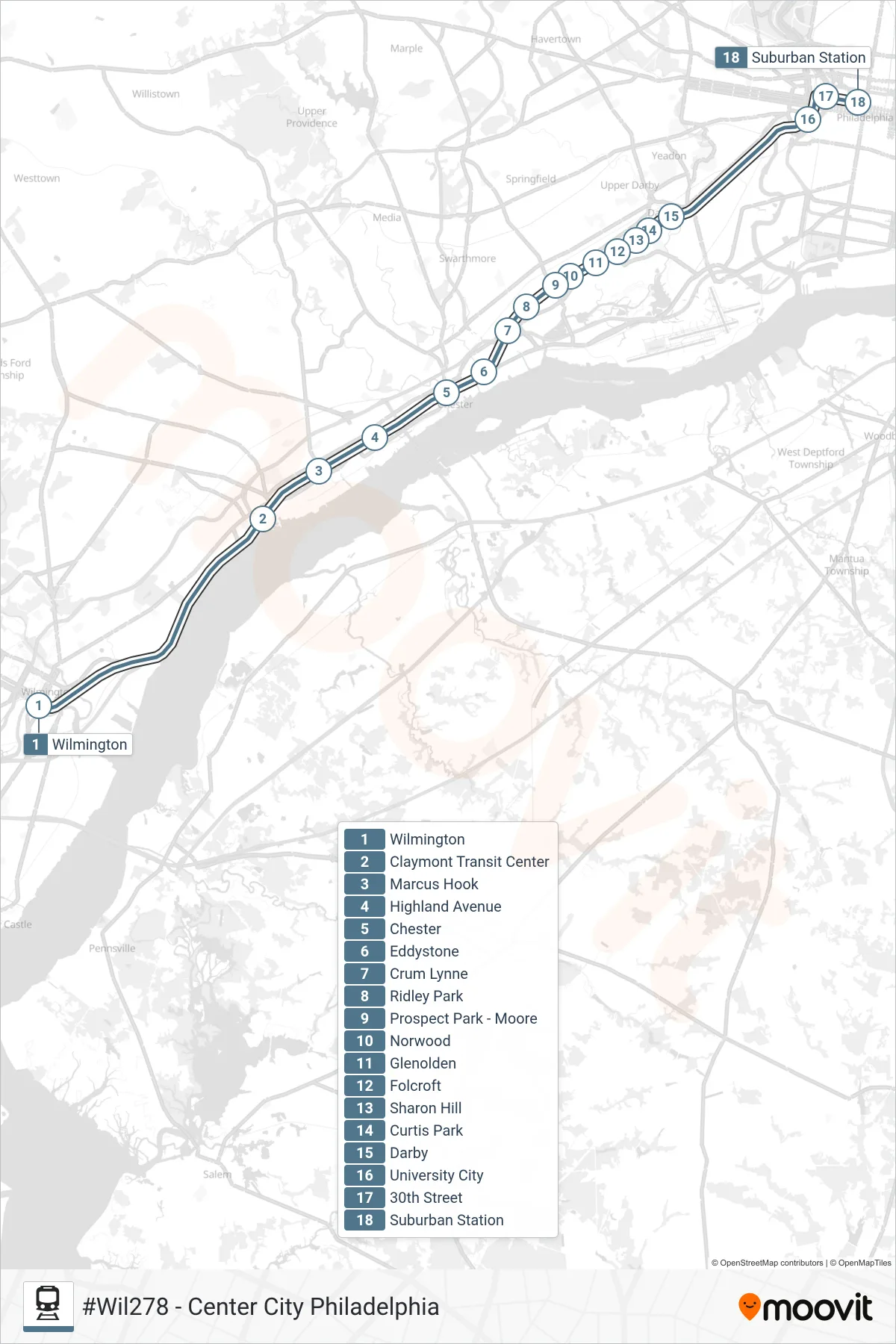 WIL rail Line (#Wil278 - Center City Philadelphia) route and stops on a map