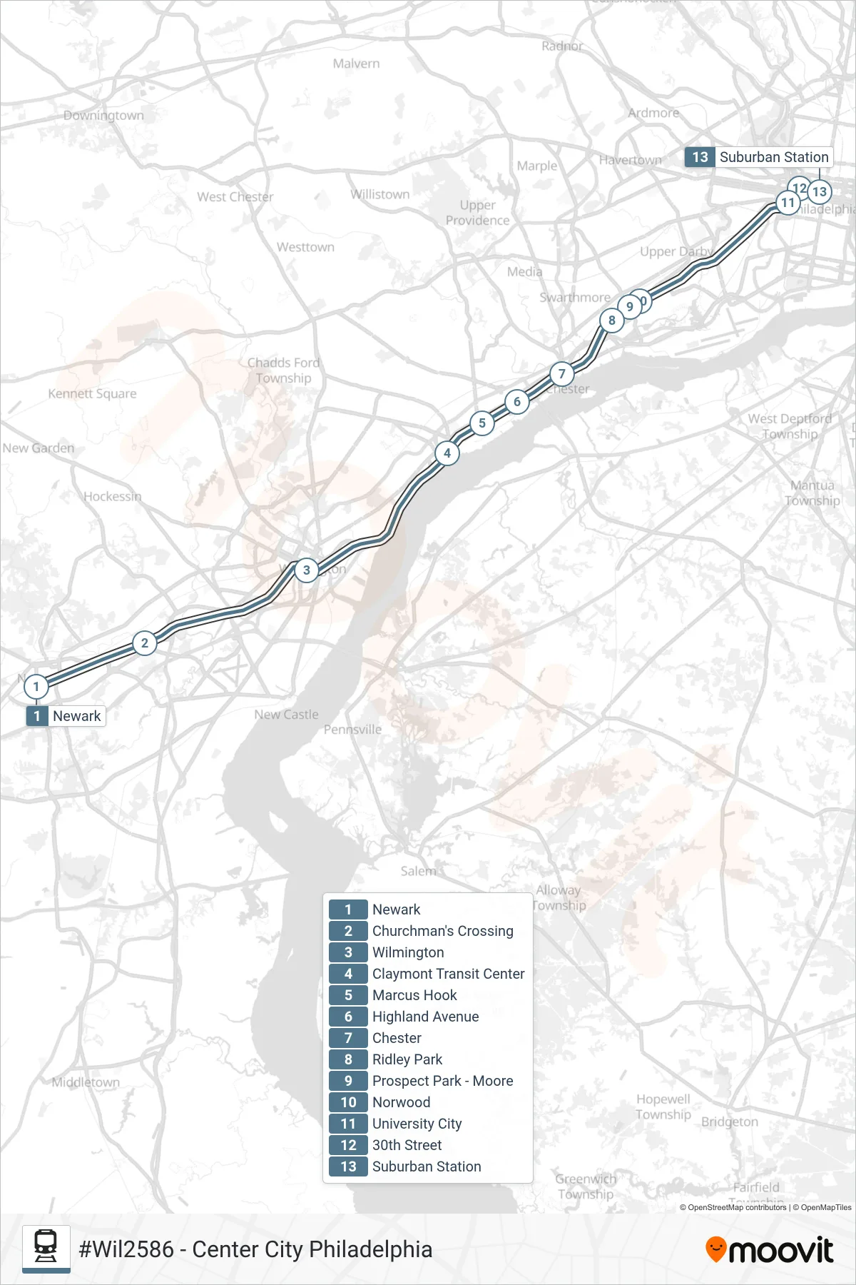 WIL train Line (#Wil2586 - Center City Philadelphia) route and stops on a map