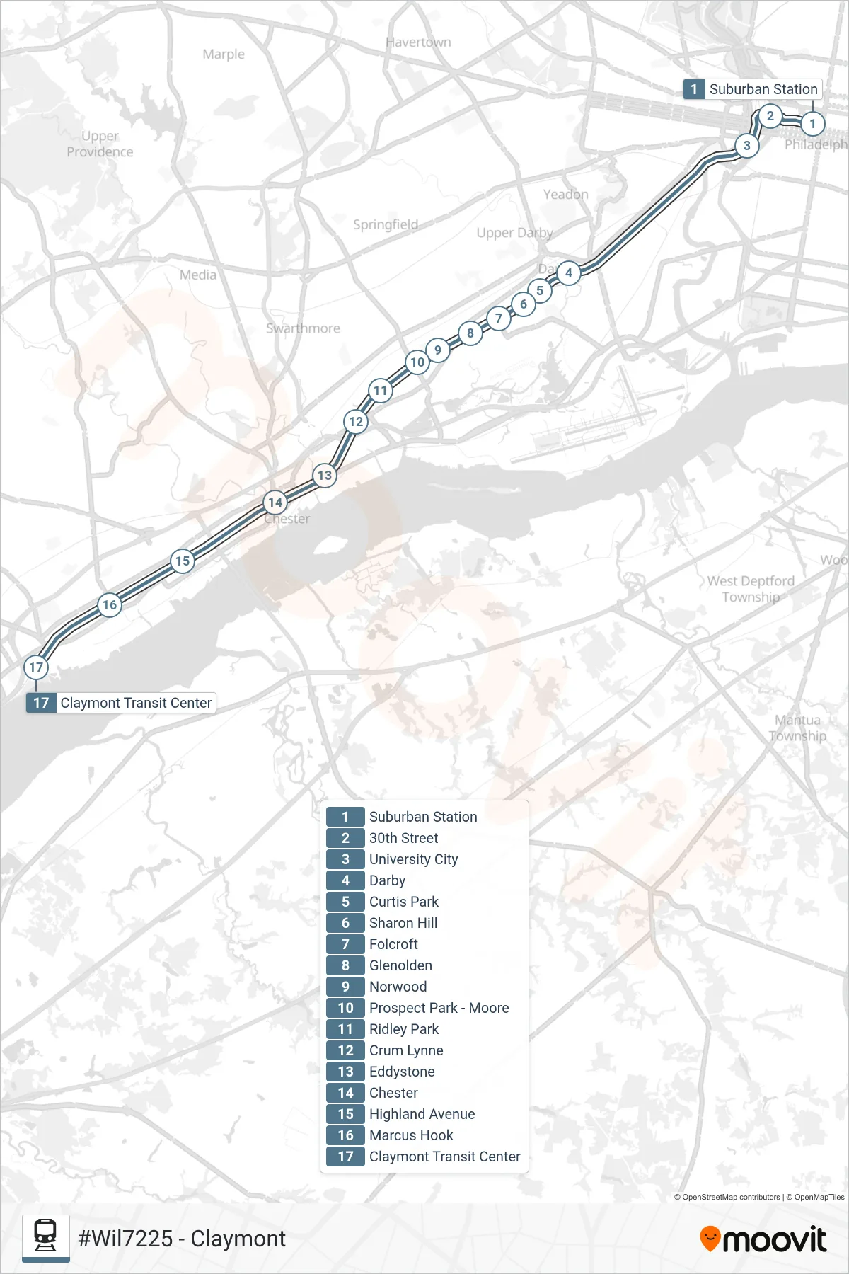 WIL rail Line (#Wil7225 - Claymont) route and stops on a map
