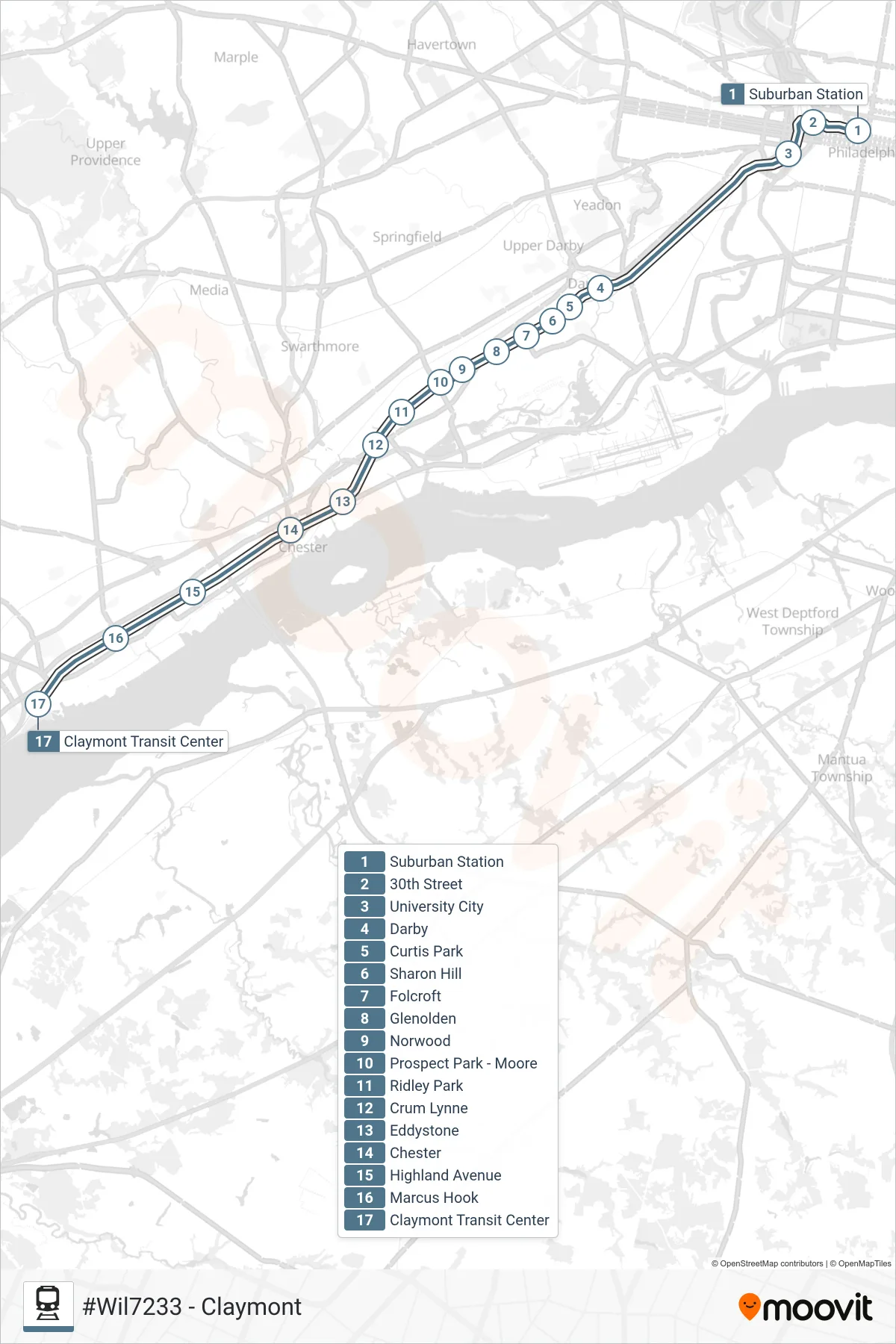 WIL train Line (#Wil7233 - Claymont) route and stops on a map