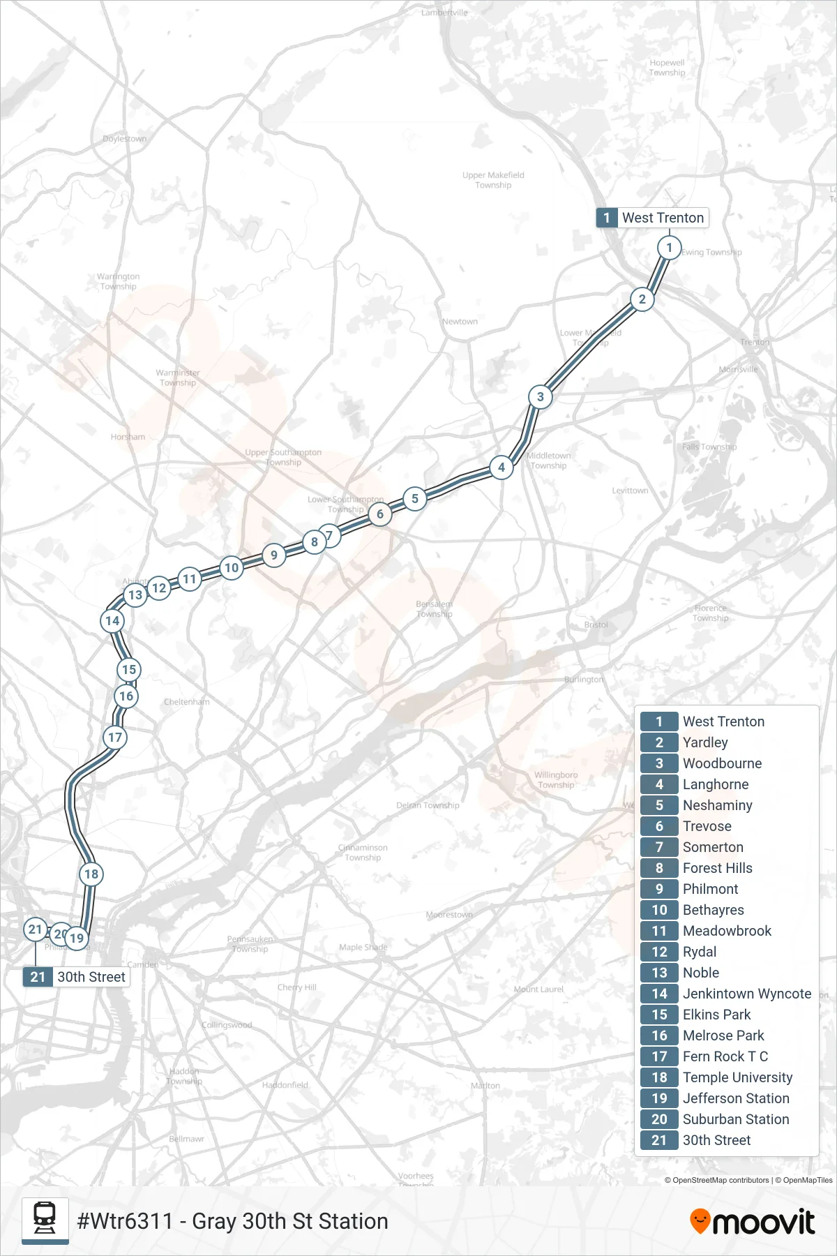 WTR train Line (#Wtr6311 - Gray 30th St Station) route and stops on a map