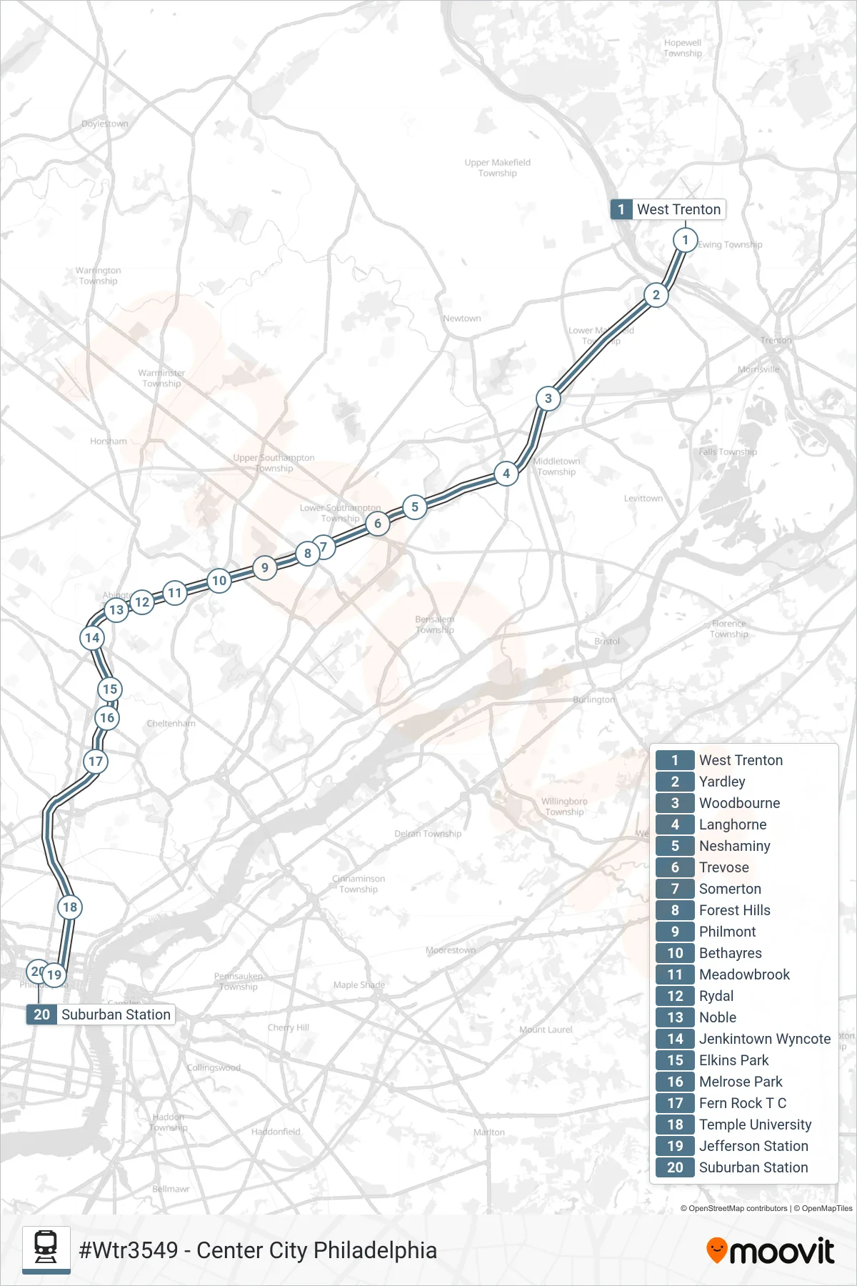 WTR train Line (#Wtr3549 - Center City Philadelphia) route and stops on a map