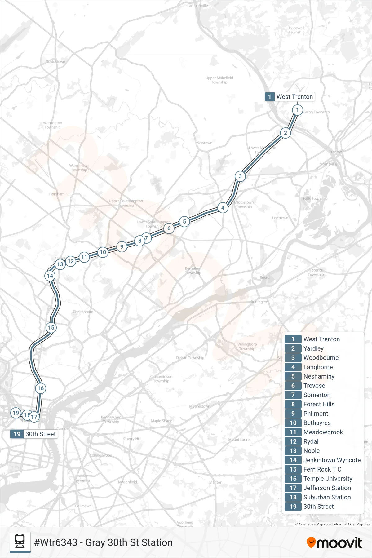 WTR train Line (#Wtr6343 - Gray 30th St Station) route and stops on a map