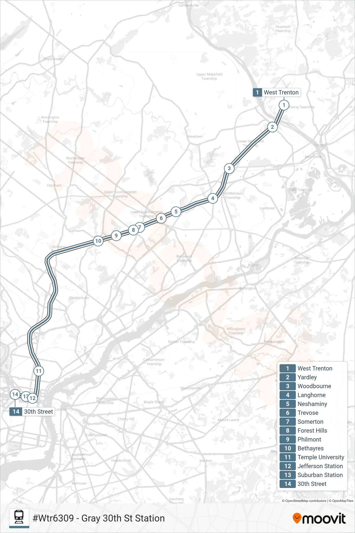 WTR train Line (#Wtr6309 - Gray 30th St Station) route and stops on a map