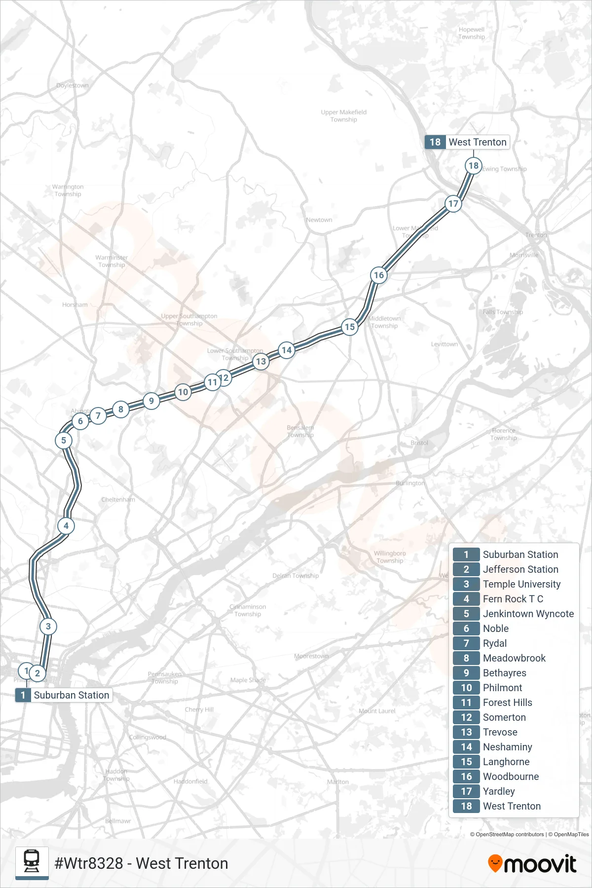 WTR train Line (#Wtr8328 - West Trenton) route and stops on a map