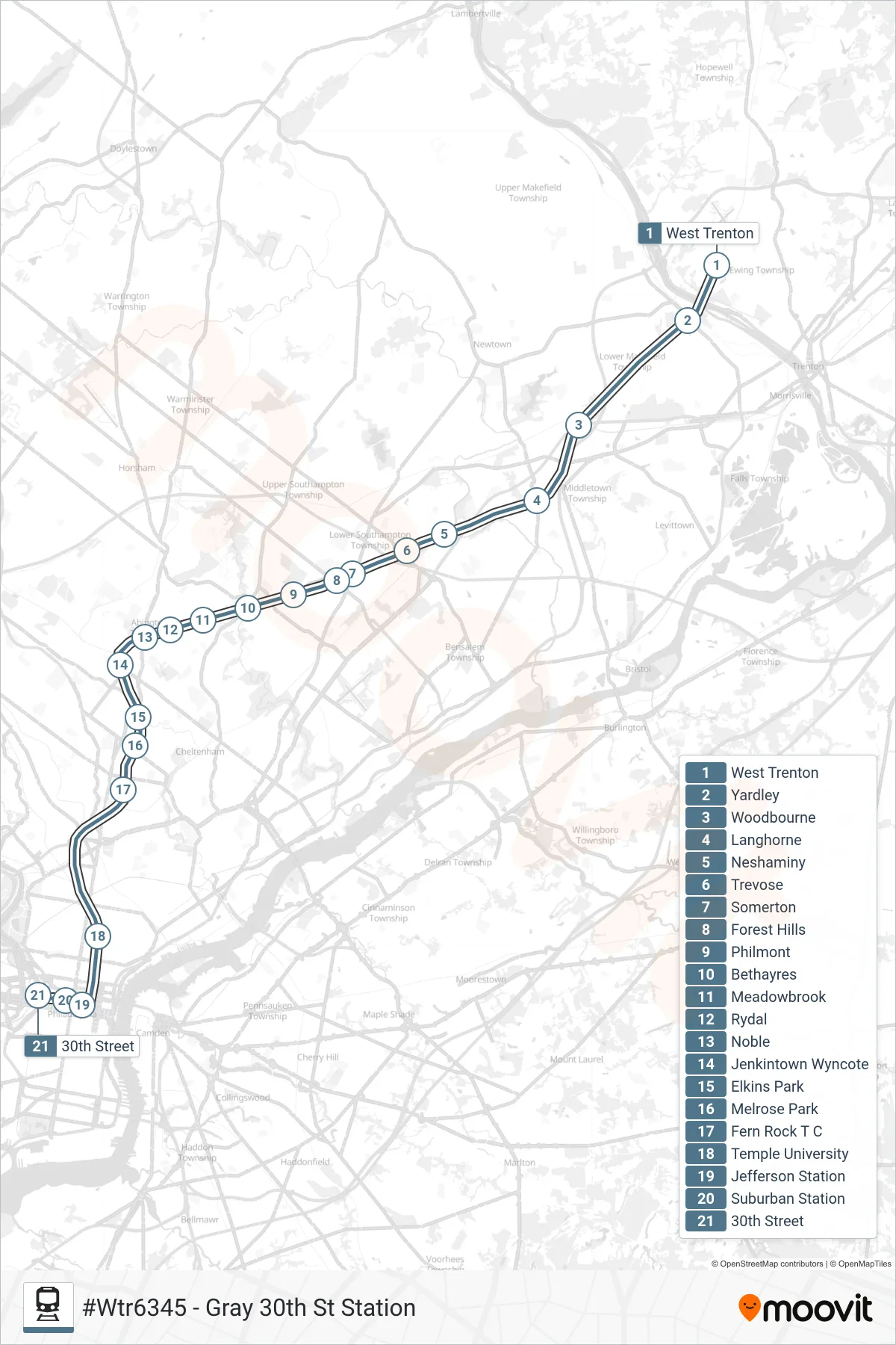 WTR train Line (#Wtr6345 - Gray 30th St Station) route and stops on a map
