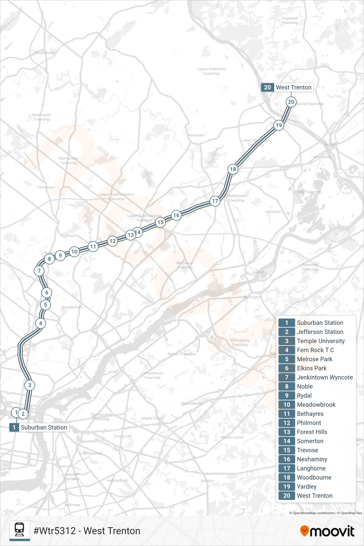 WTR train Line (#Wtr5312 - West Trenton) route and stops on a map
