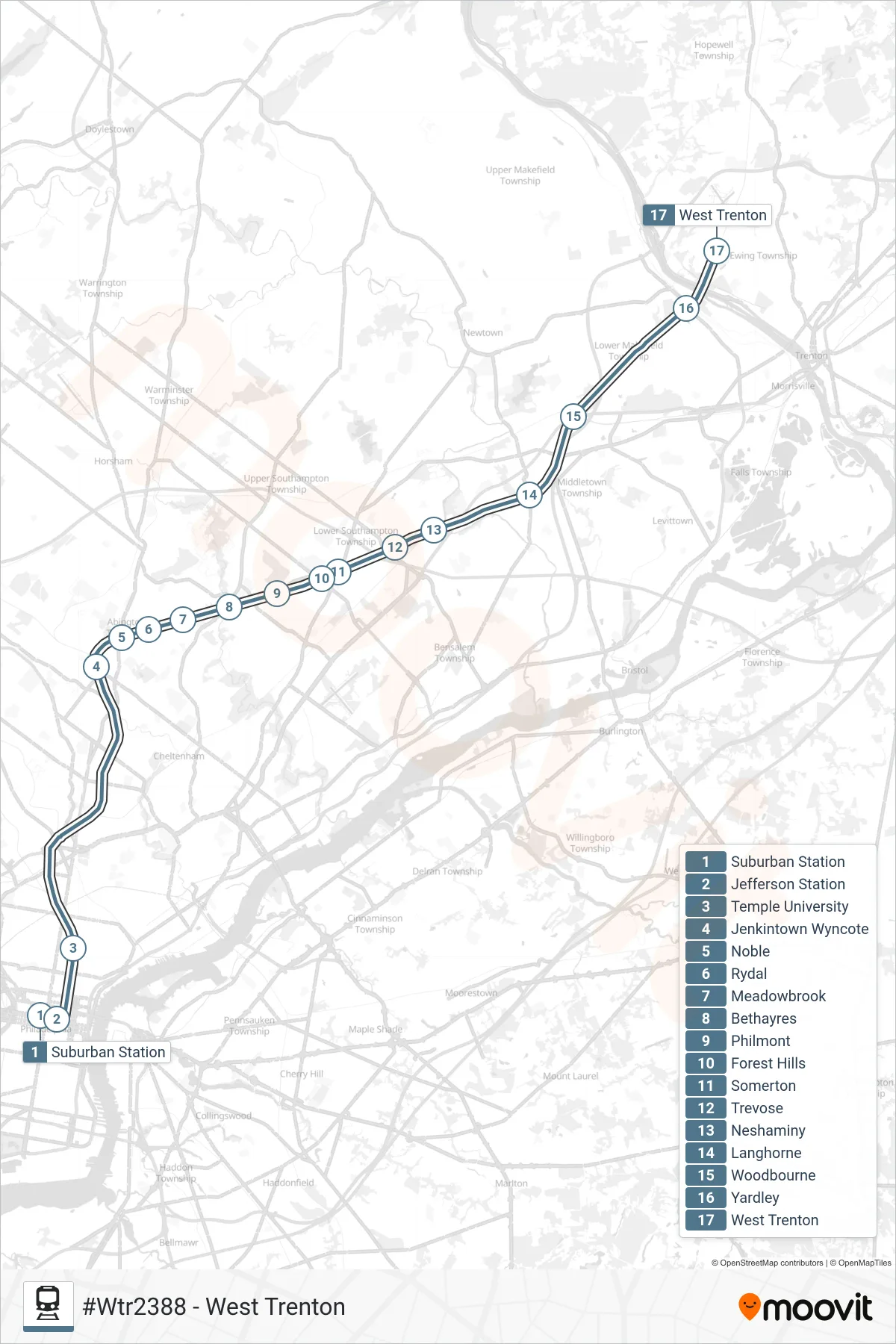 WTR train Line (#Wtr2388 - West Trenton) route and stops on a map