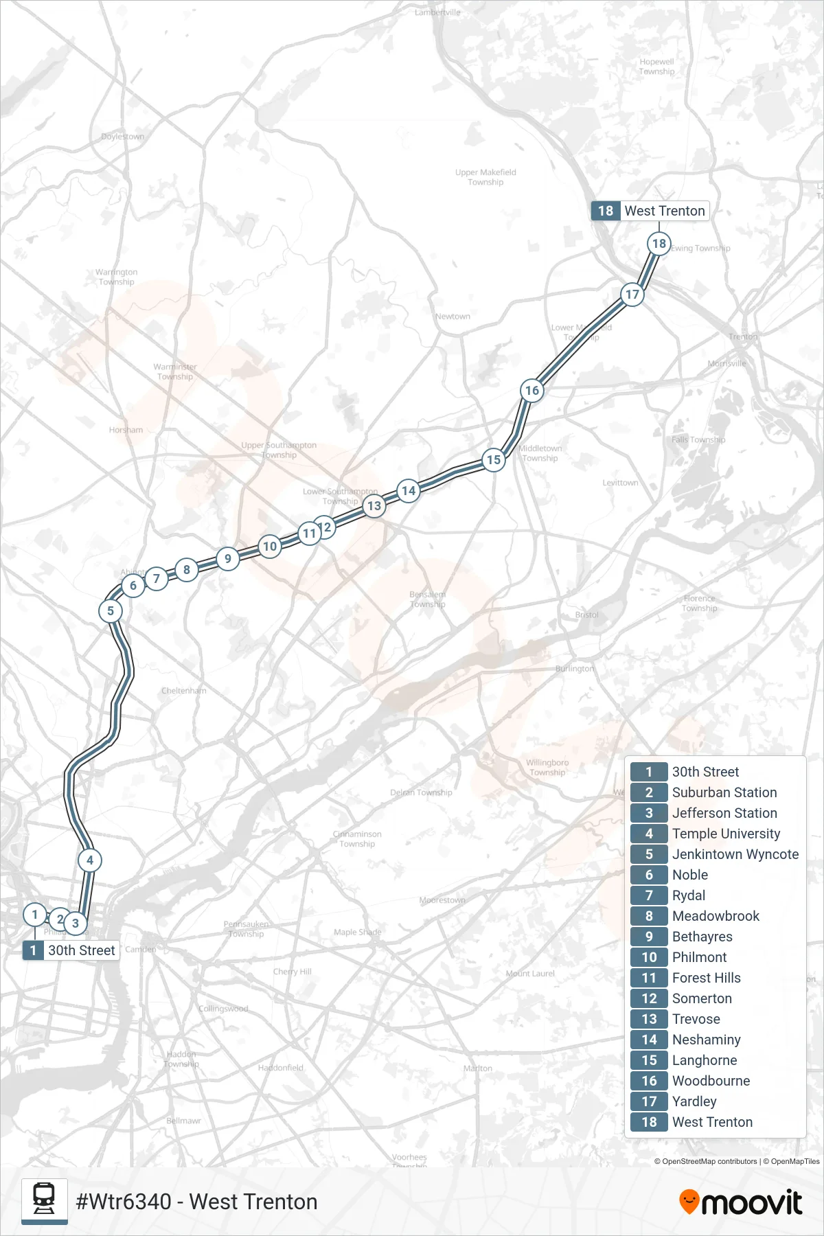 WTR train Line (#Wtr6340 - West Trenton) route and stops on a map