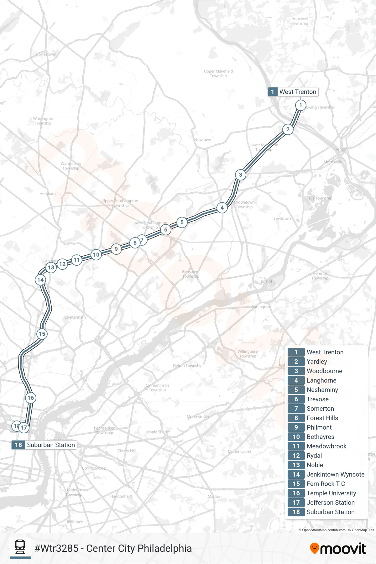 WTR rail Line (#Wtr3285 - Center City Philadelphia) route and stops on a map
