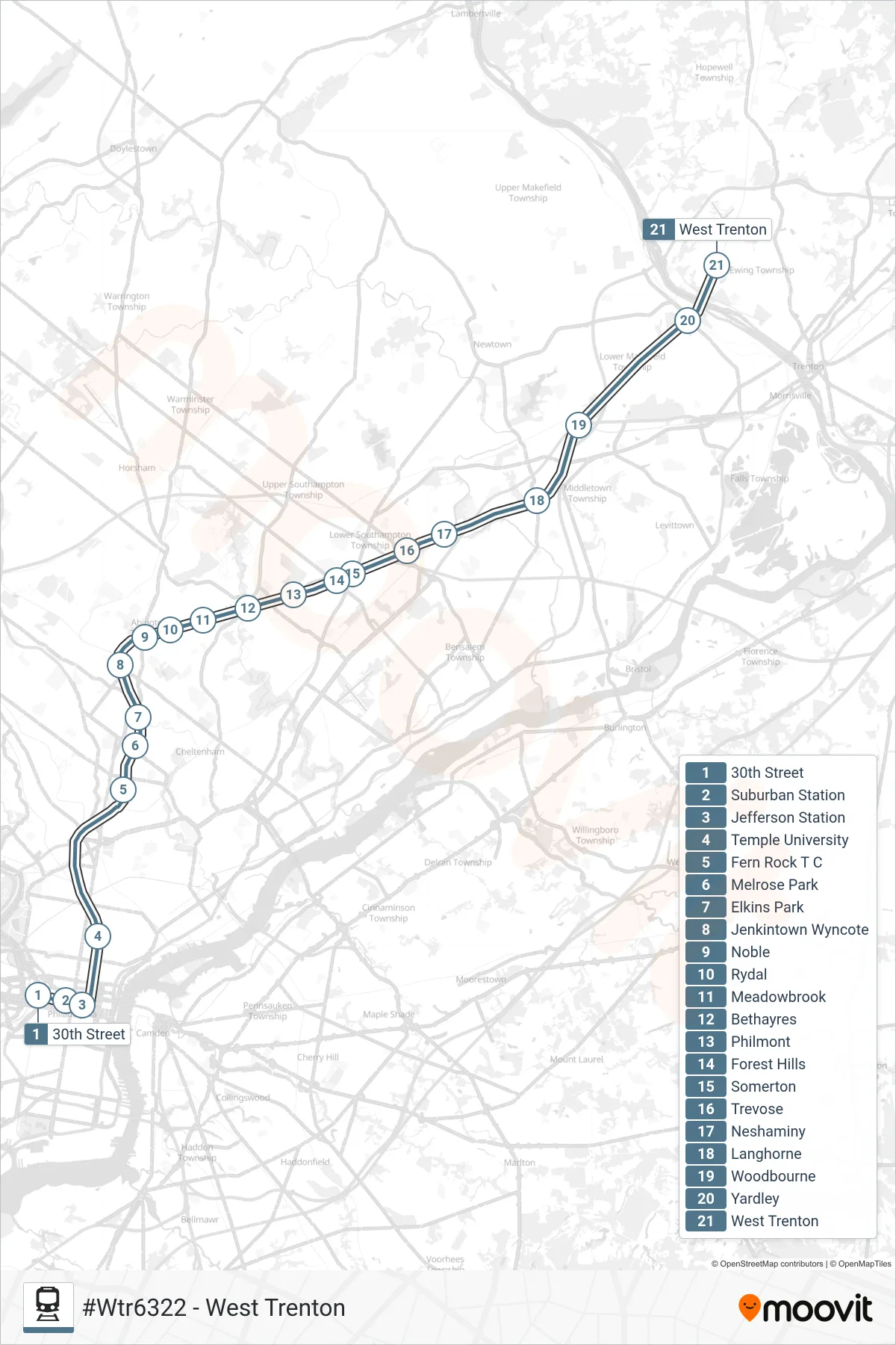 WTR train Line (#Wtr6322 - West Trenton) route and stops on a map