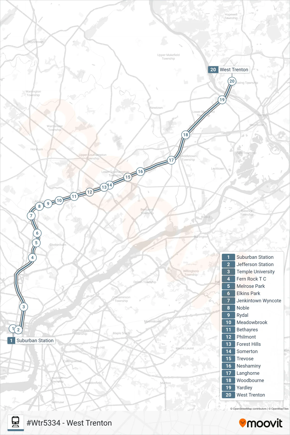 WTR train Line (#Wtr5334 - West Trenton) route and stops on a map
