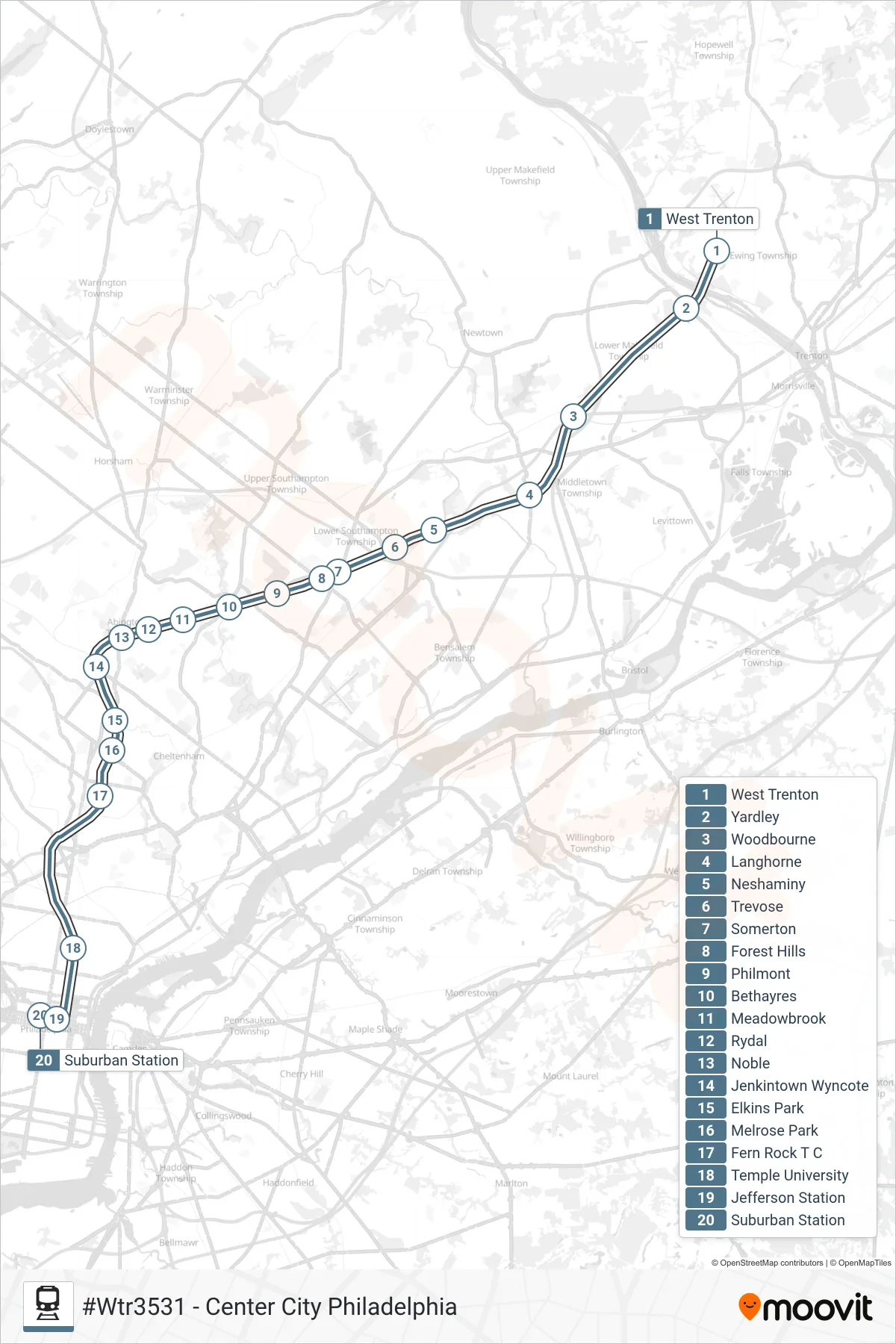 WTR train Line (#Wtr3531 - Center City Philadelphia) route and stops on a map