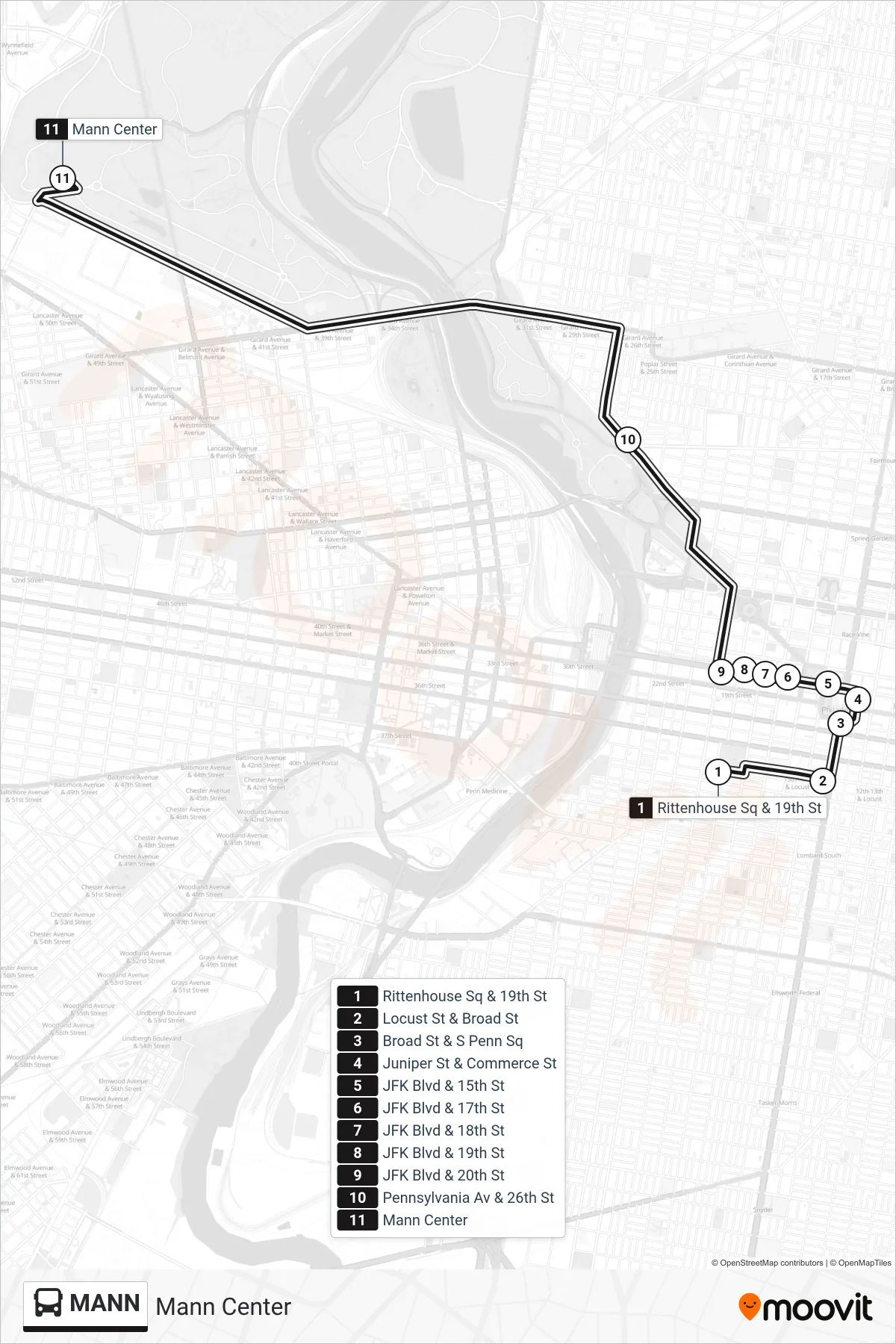 MANN bus Line (Mann Center) route and stops on a map