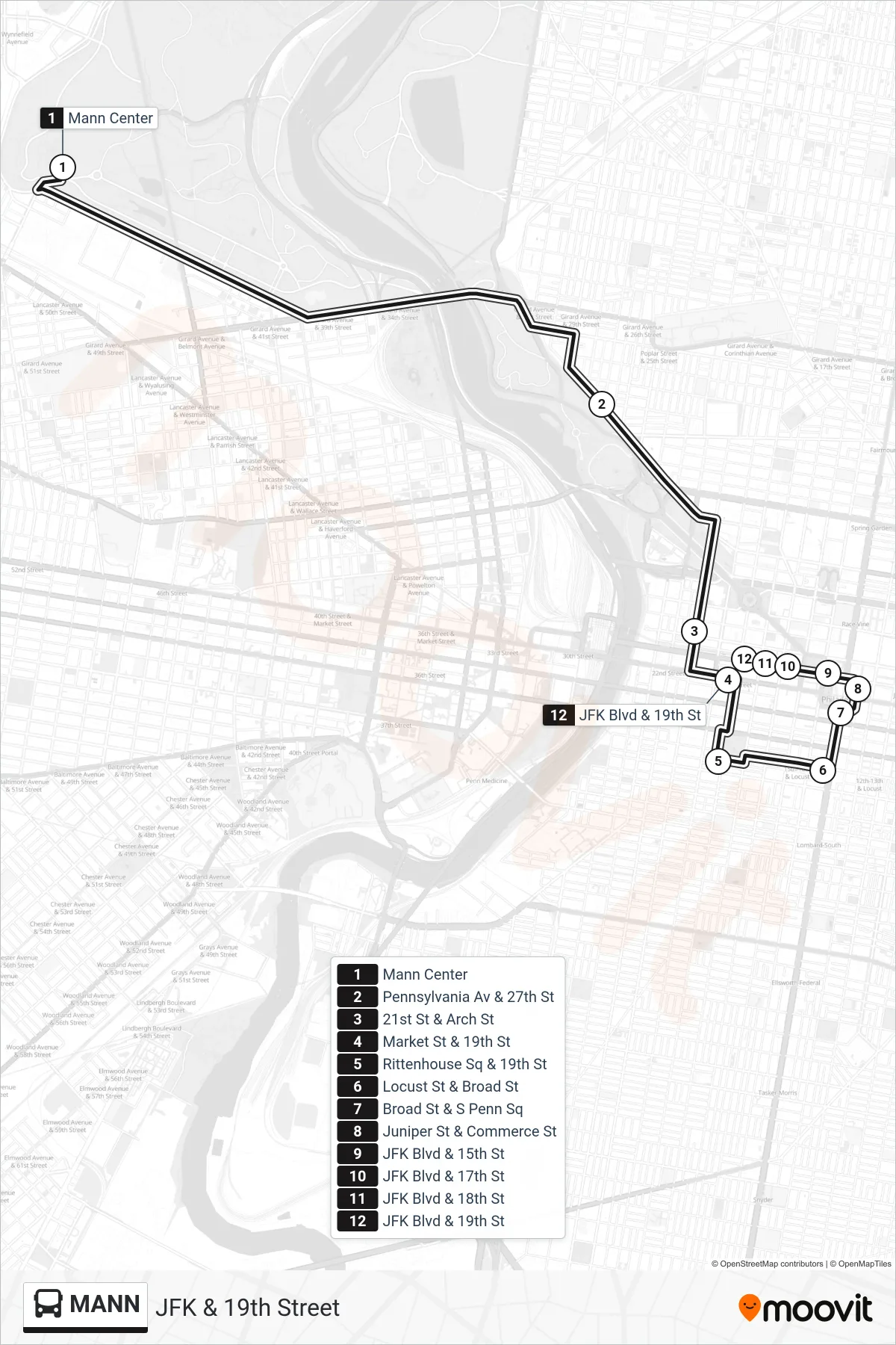MANN bus Line (JFK & 19th Street) route and stops on a map