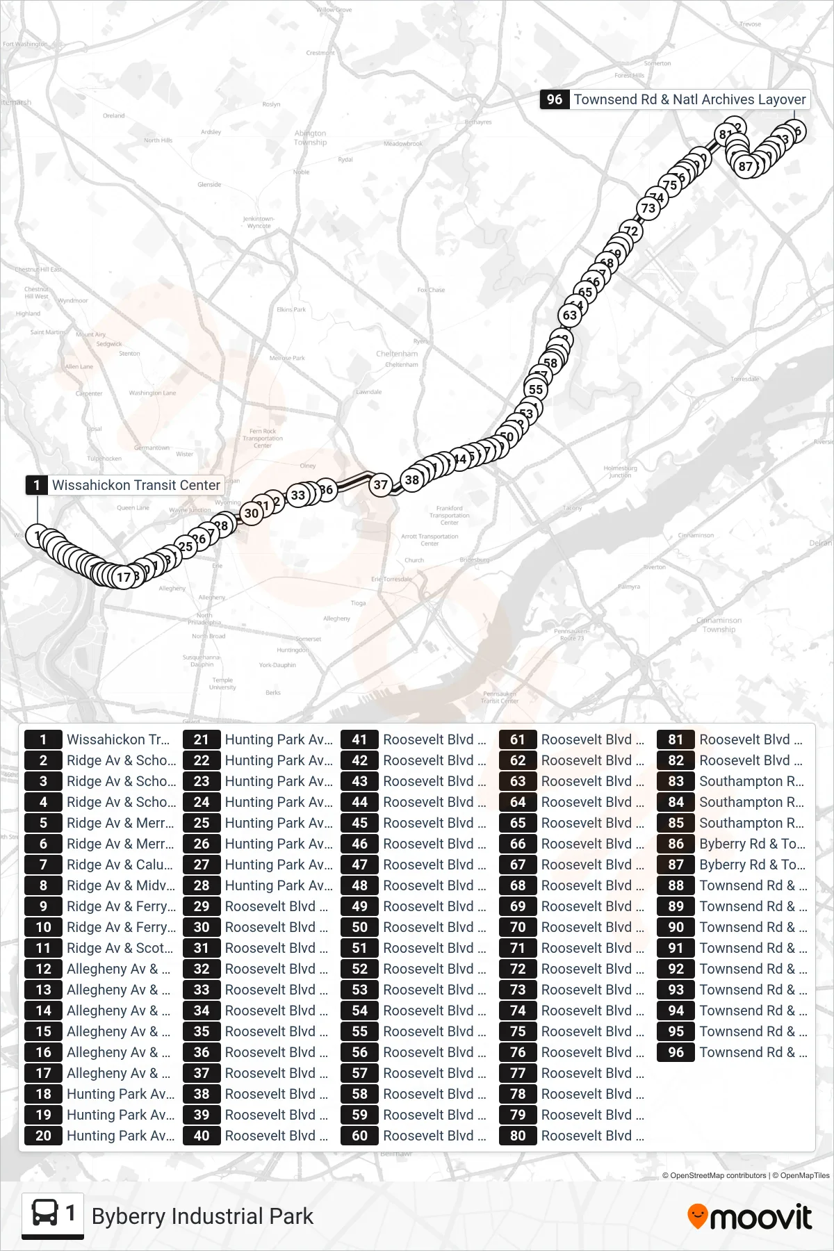 1 bus Line (Byberry Industrial Park) route and stops on a map