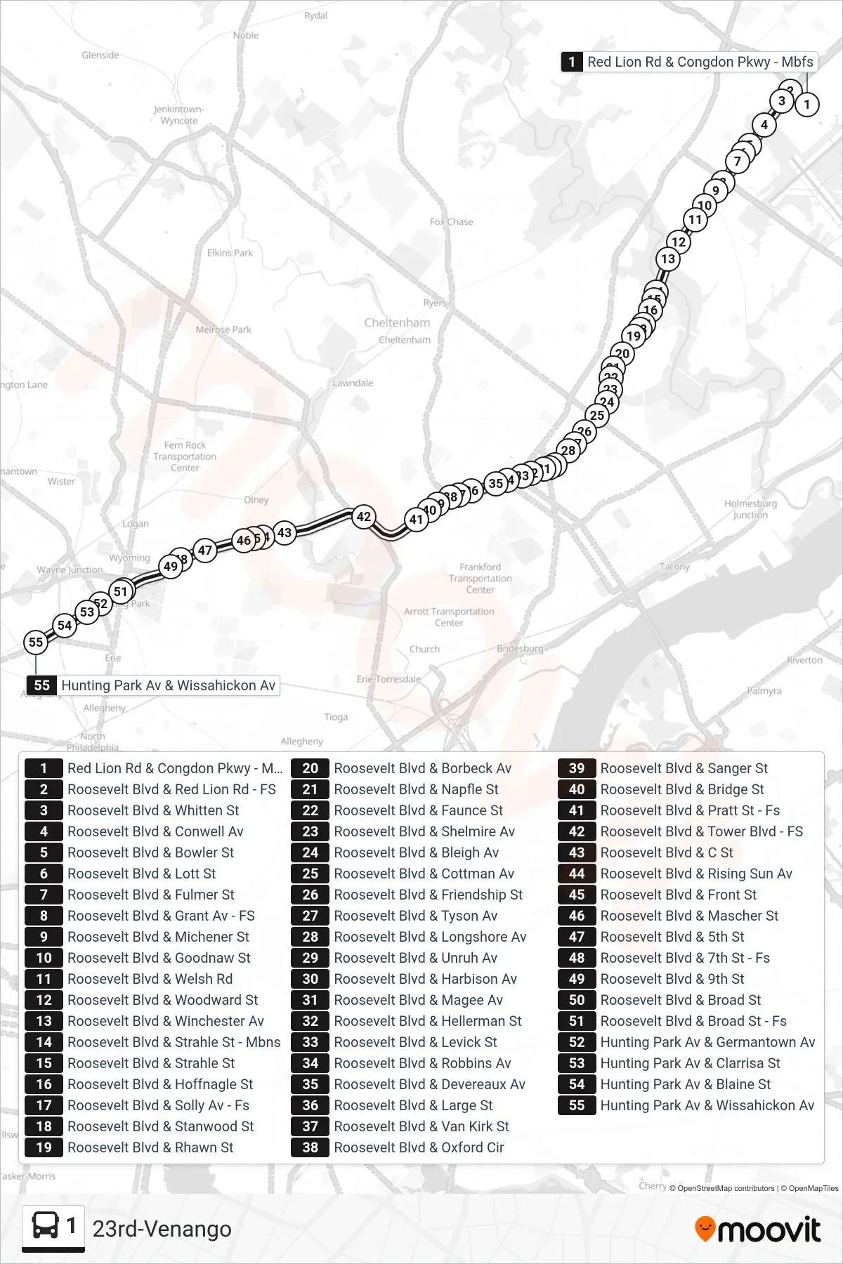 1 bus Line (23rd-Venango) route and stops on a map