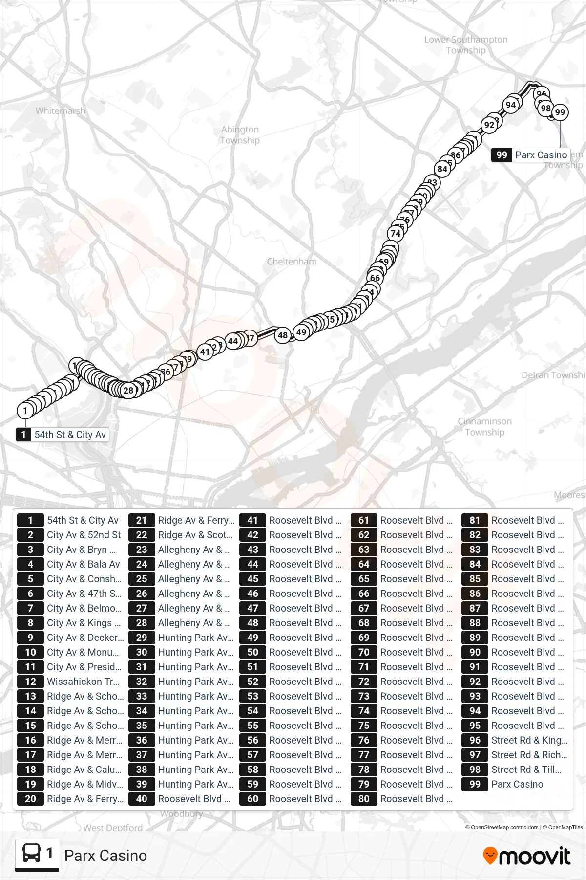 1 bus Line (Parx Casino) route and stops on a map