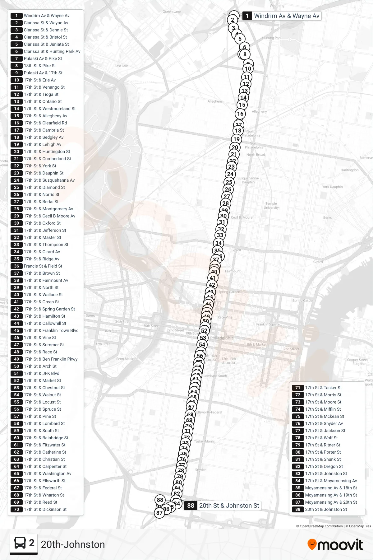 2 bus Line (20th-Johnston) route and stops on a map