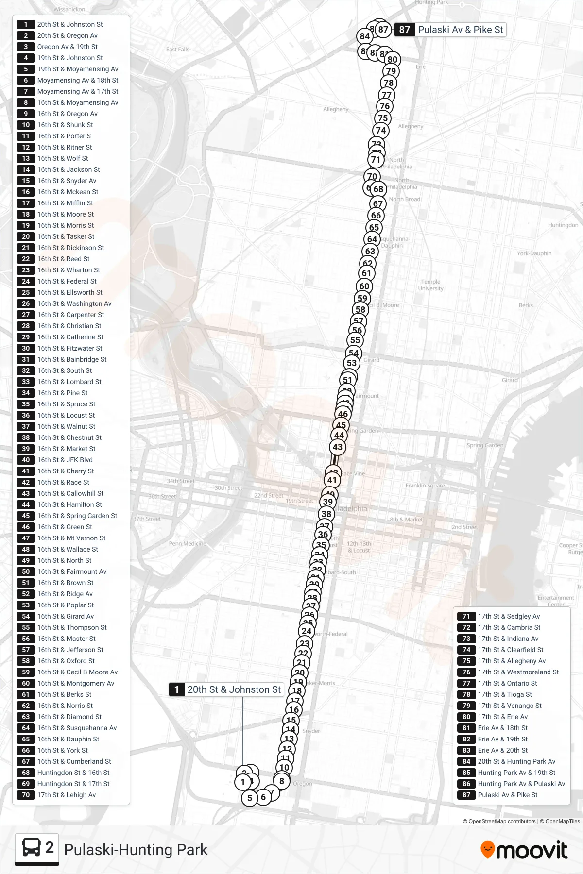 2 bus Line (Pulaski-Hunting Park) route and stops on a map