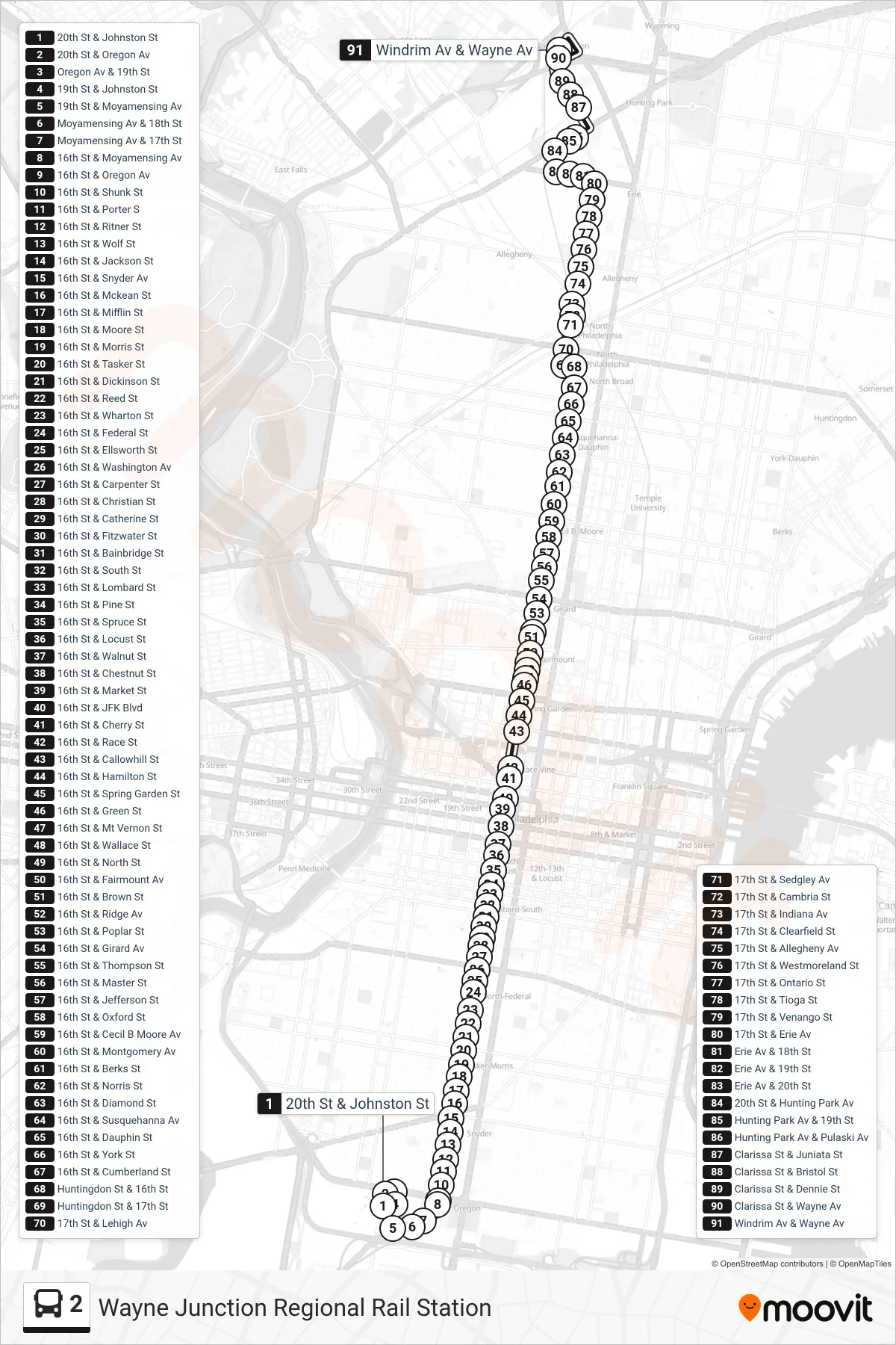 2 bus Line (Wayne Junction Regional Rail Station) route and stops on a map