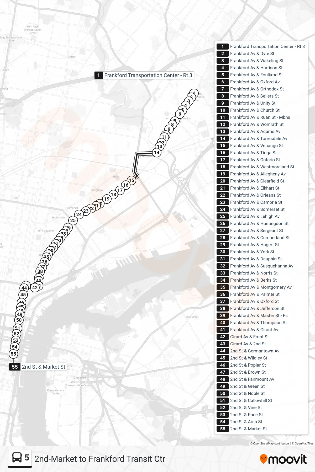 5 bus Line (2nd-Market) route and stops on a map
