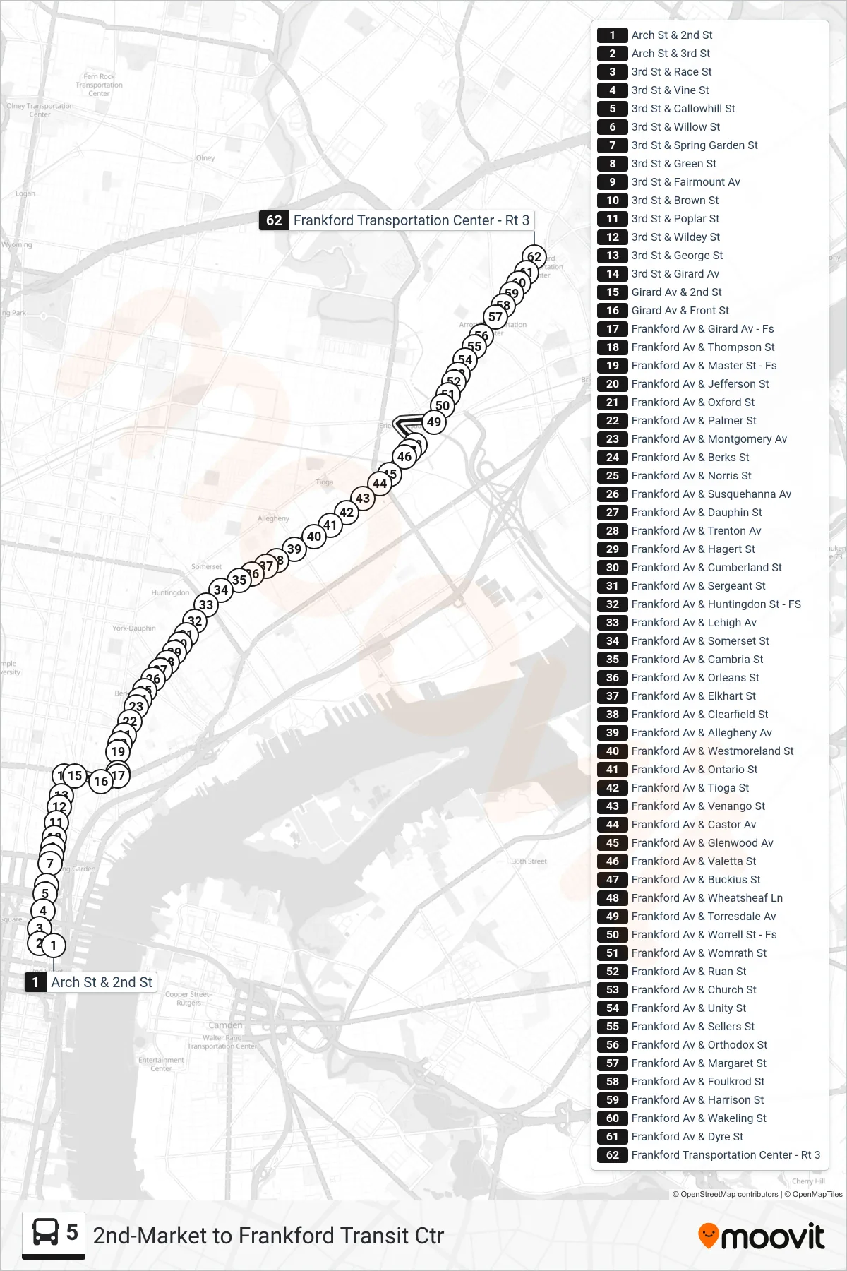 5 bus Line (Frankford Transit Center) route and stops on a map