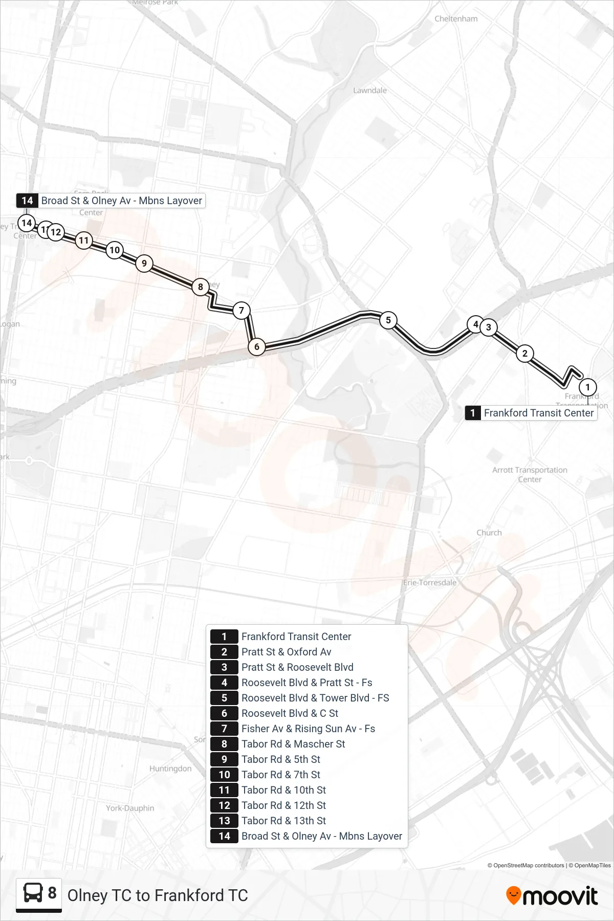 8 bus Line (Express Olney Transit Center) route and stops on a map