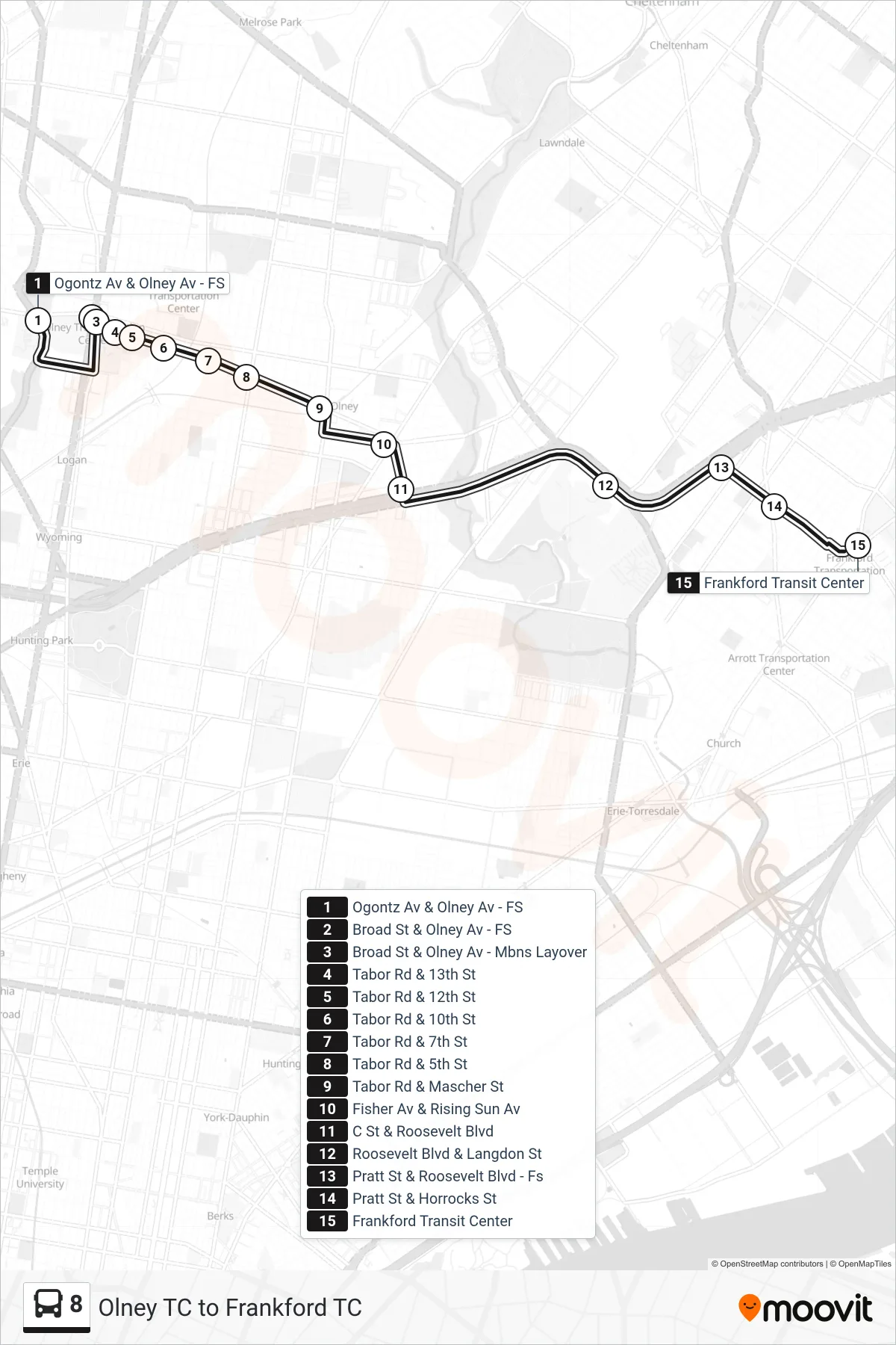 8 bus Line (Express Frankford Transit Center) route and stops on a map