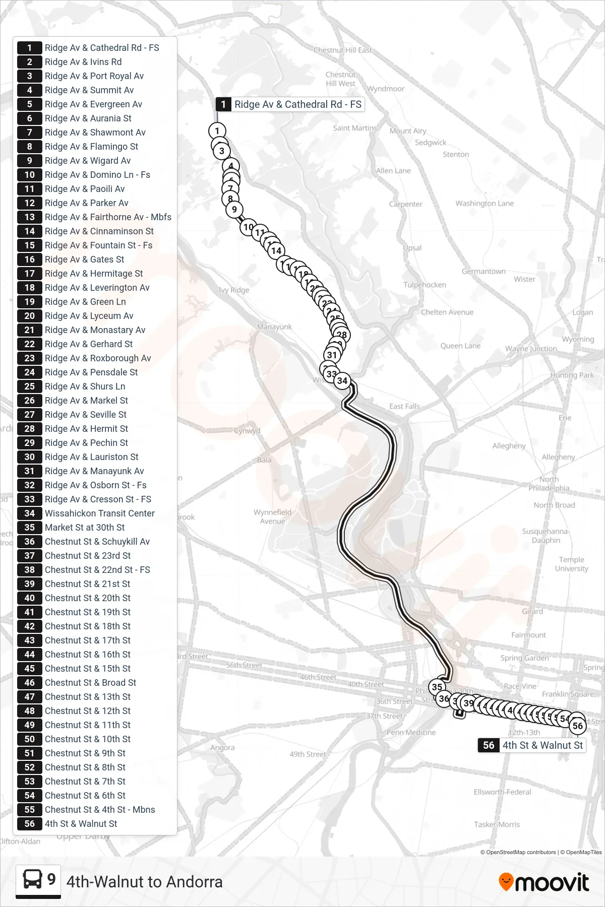9 bus Line (4th-Walnut) route and stops on a map