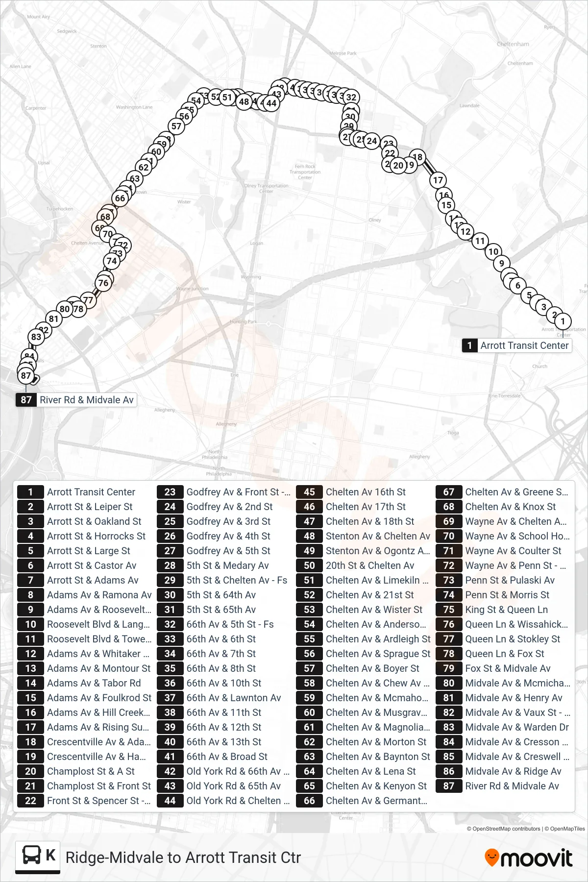 K bus Line (Ridge-Midvale) route and stops on a map