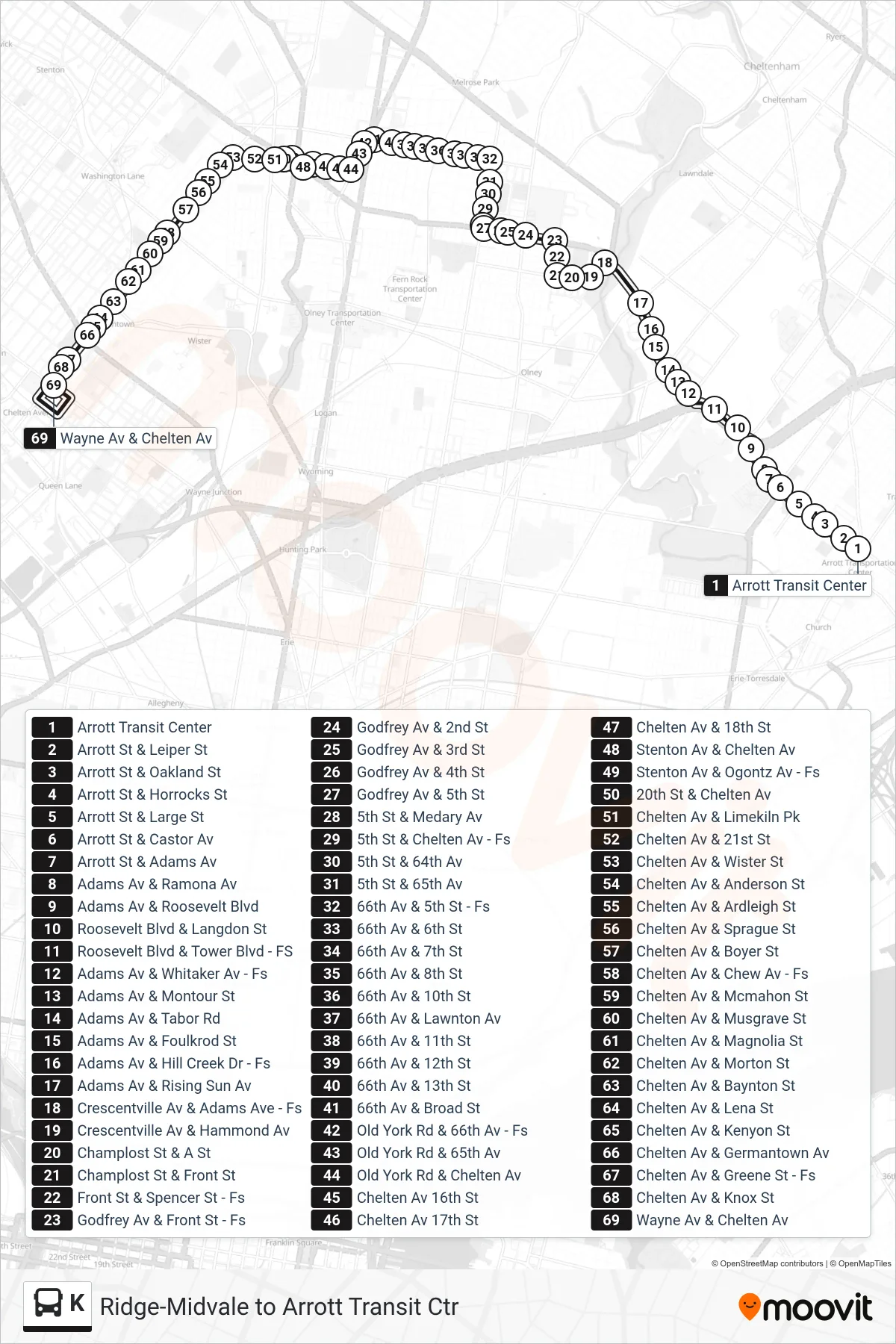 K bus Line (Wayne-Chelten) route and stops on a map