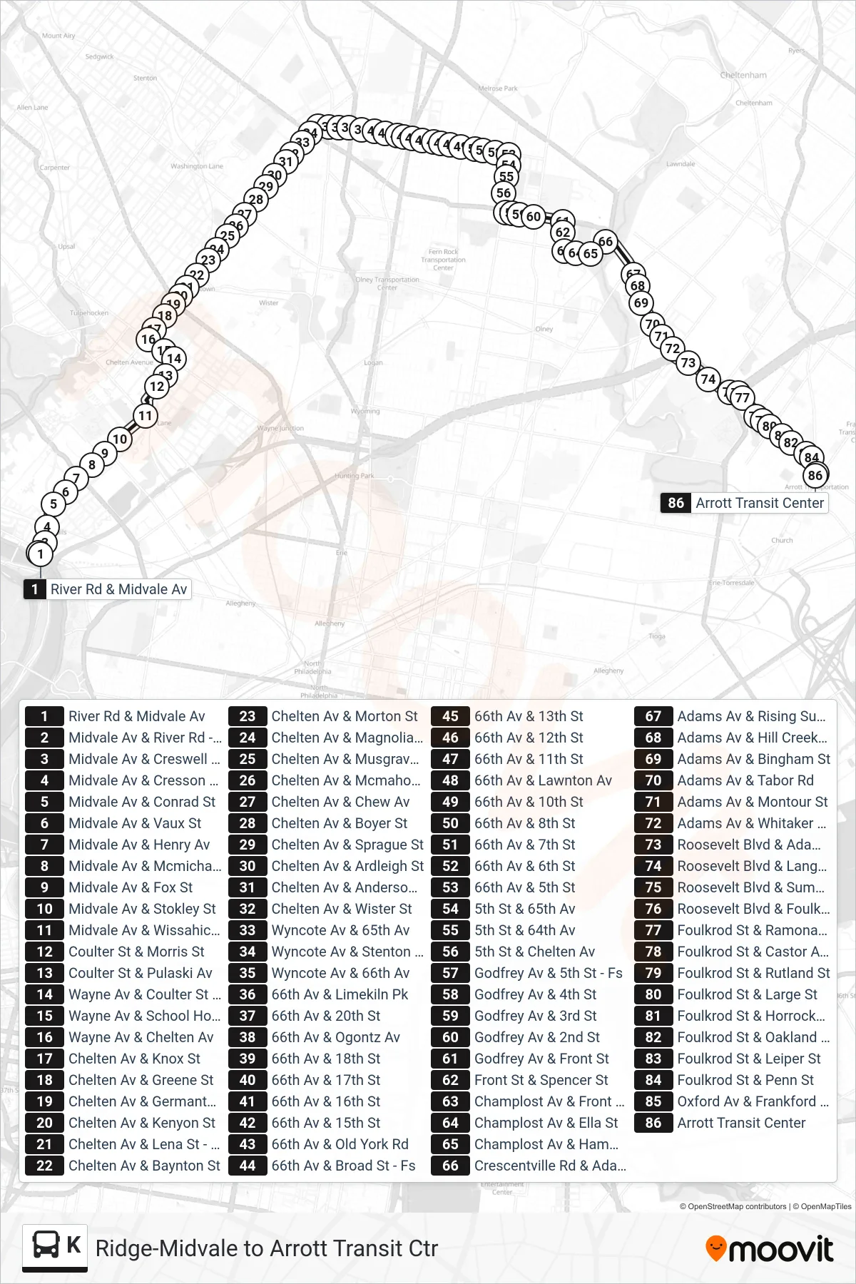 K bus Line (Arrott Transit Center) route and stops on a map