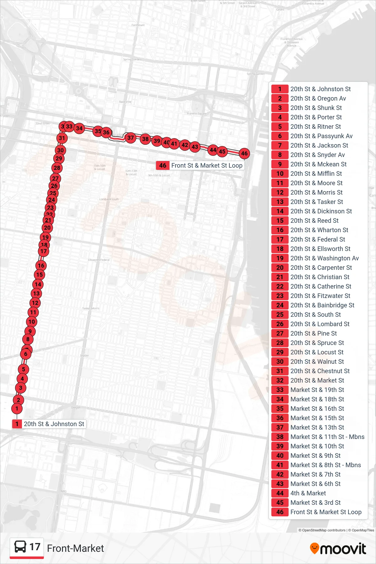 17 bus Line (Front-Market) route and stops on a map