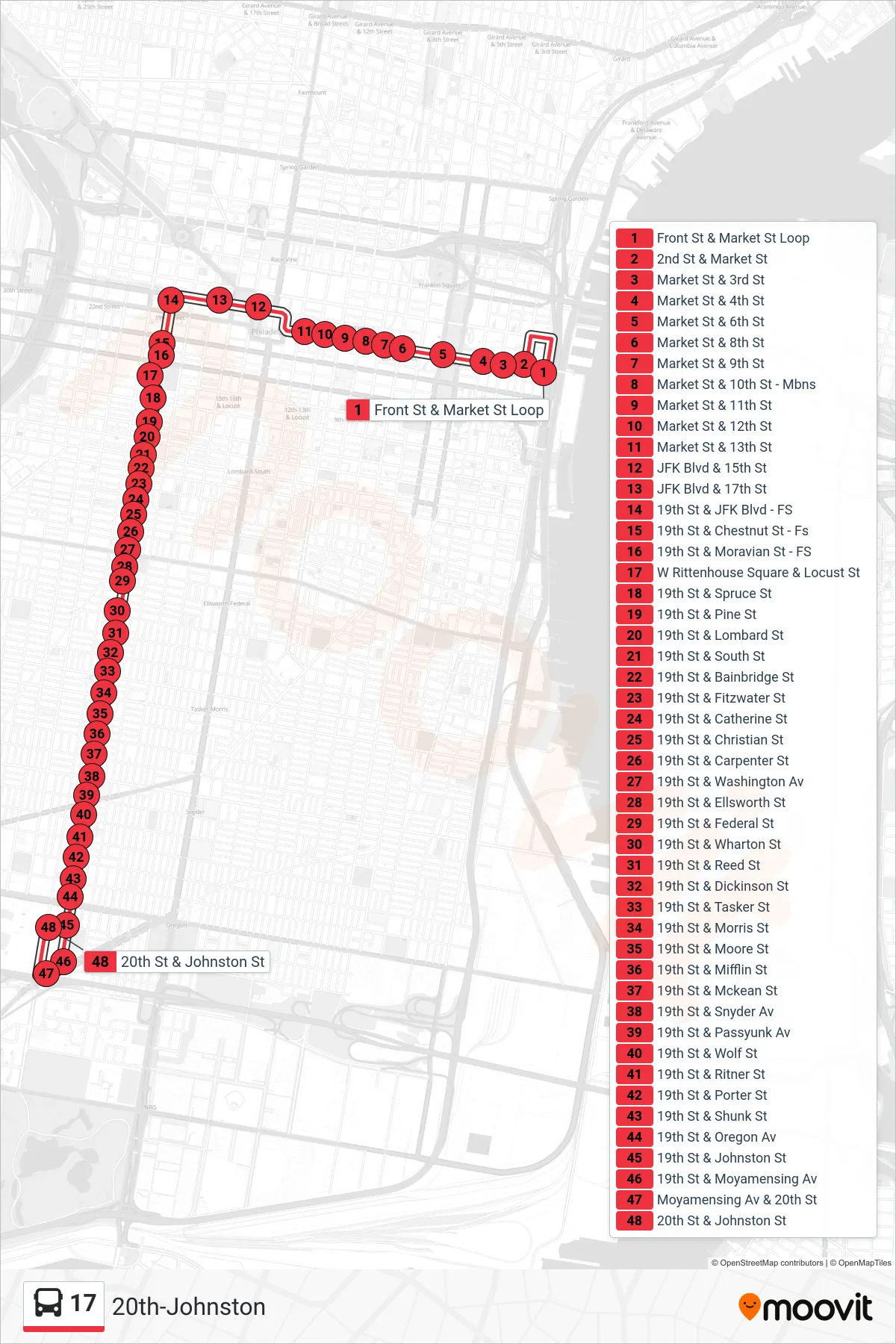 17 bus Line (20th-Johnston) route and stops on a map