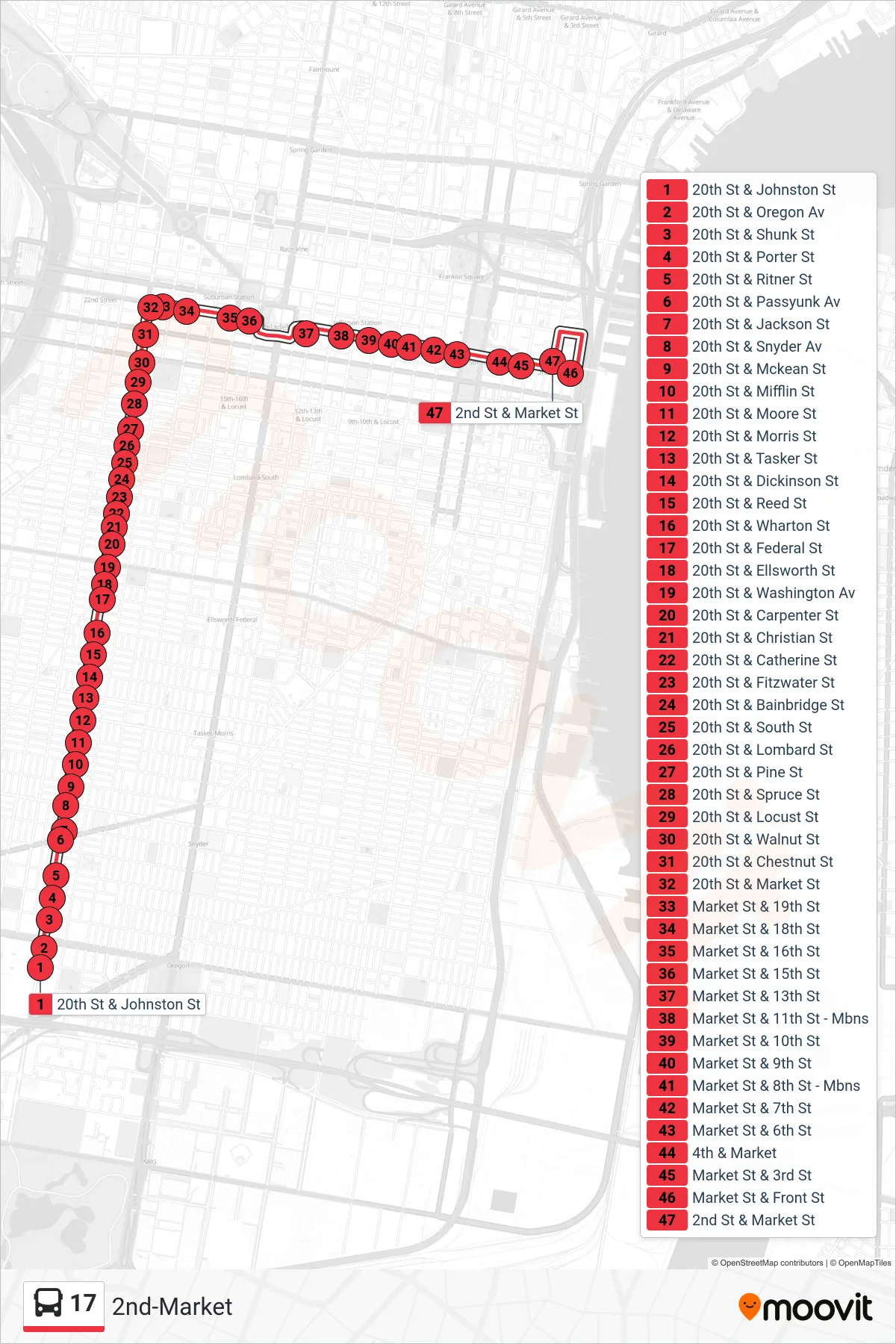 17 bus Line (2nd-Market) route and stops on a map