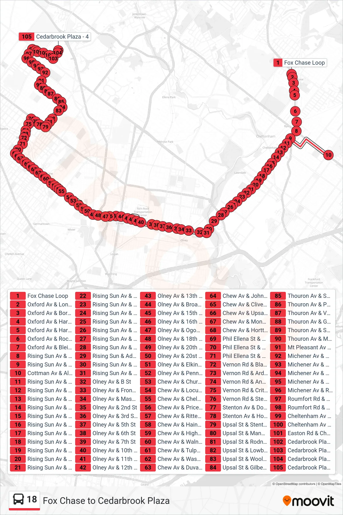 18 bus Line (Cedarbrook Plaza) route and stops on a map