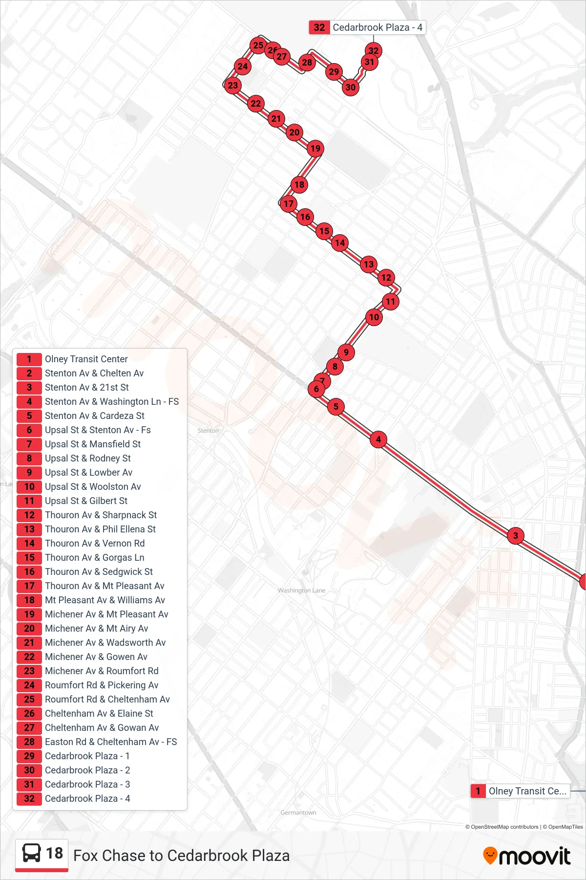 18 bus Line (Express Cedarbrook Plaza) route and stops on a map