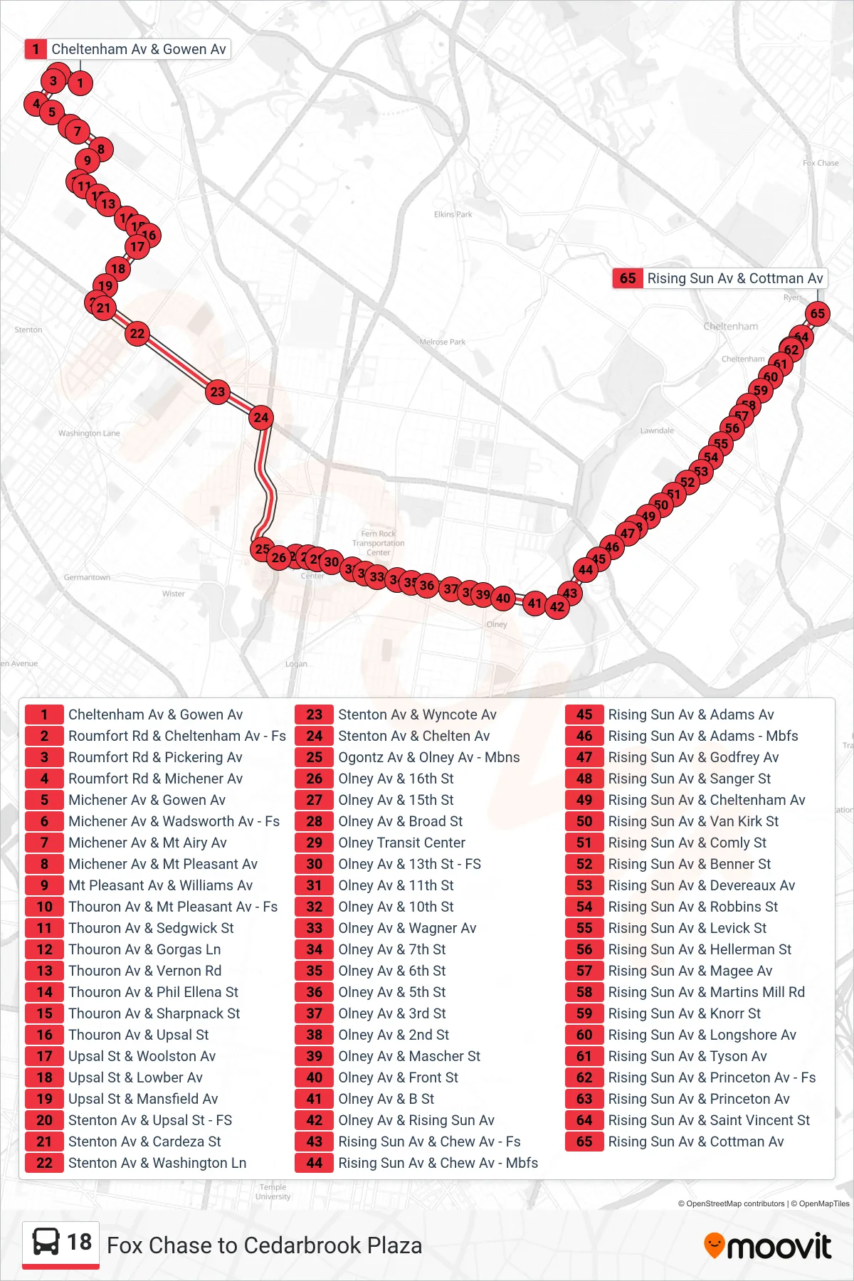 18 bus Line (Express Cottman-Rising Sun) route and stops on a map