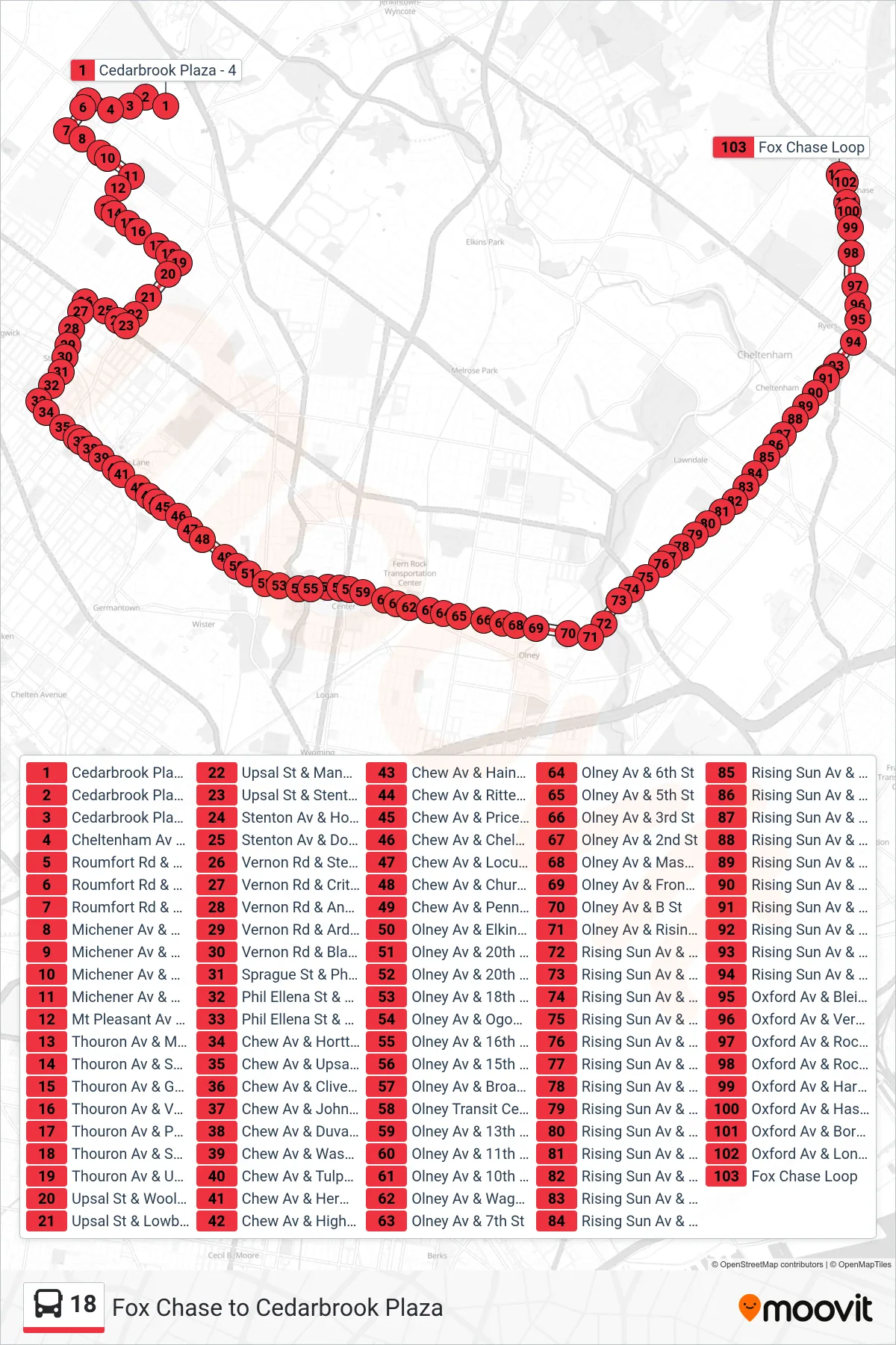 18 bus Line (Fox Chase) route and stops on a map