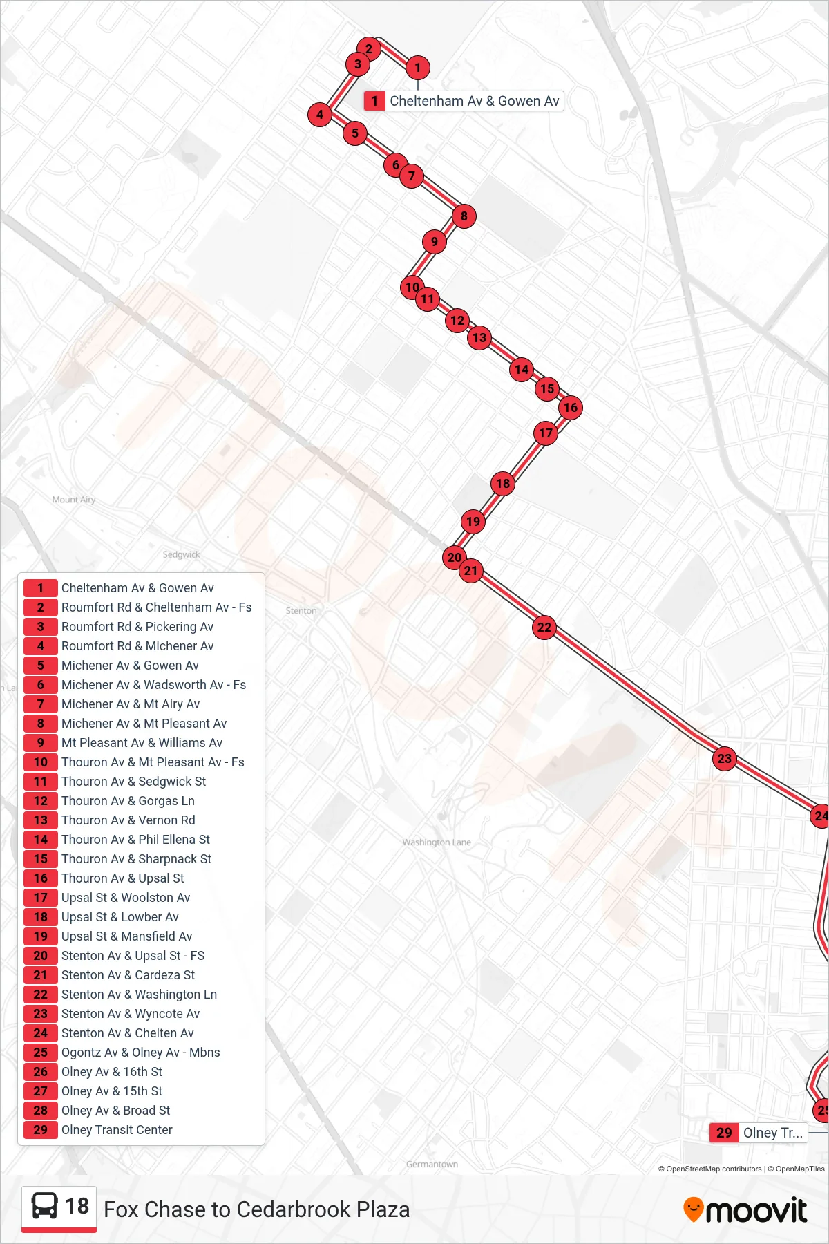 18 bus Line (Express Olney Transit Center) route and stops on a map