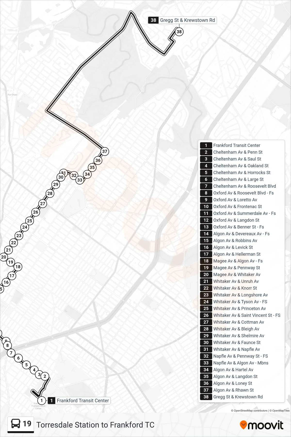 19 bus Line (Krewstown-Gregg) route and stops on a map