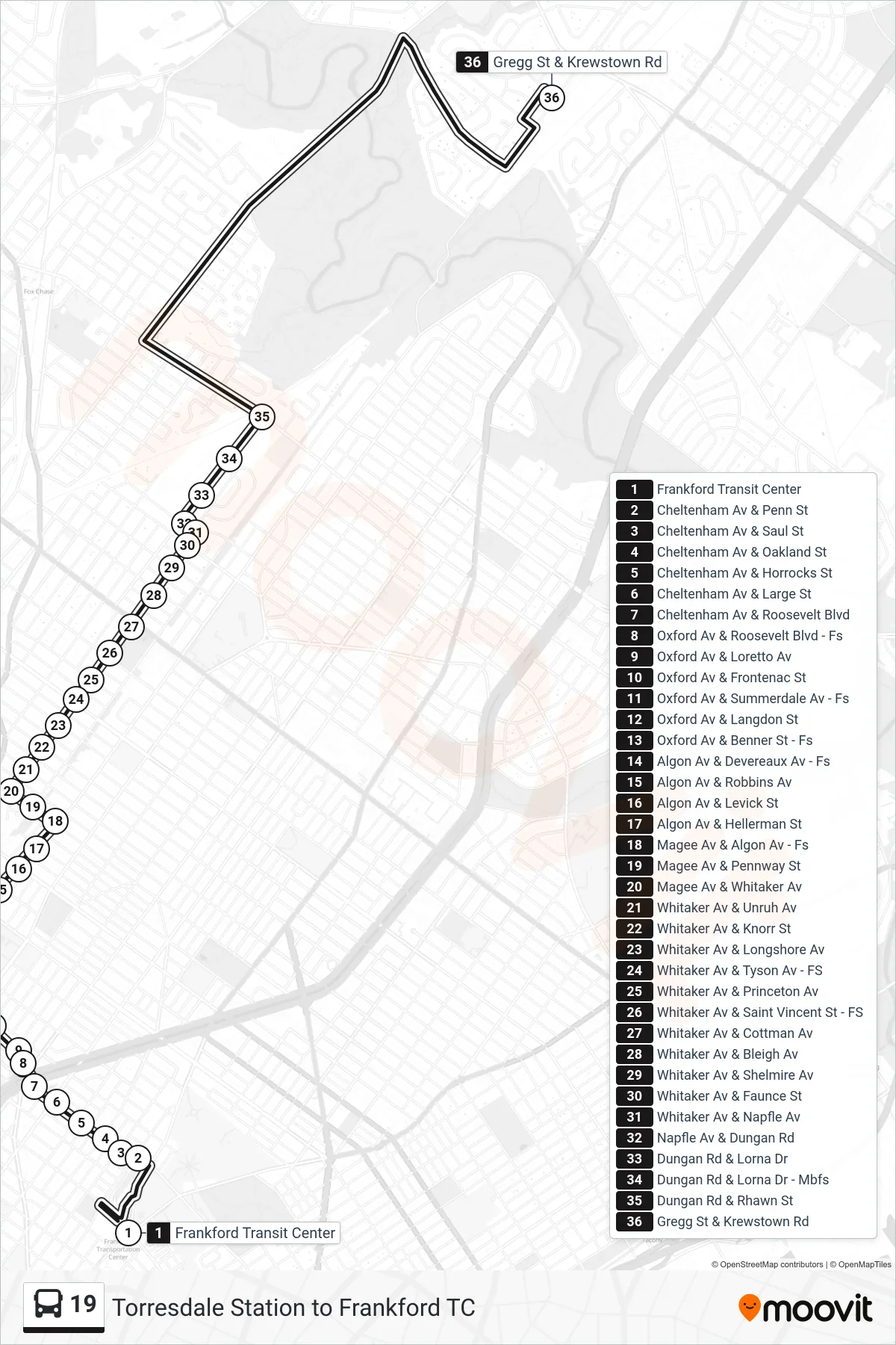 19 bus Line (Krewstown-Gregg Via Dungan) route and stops on a map