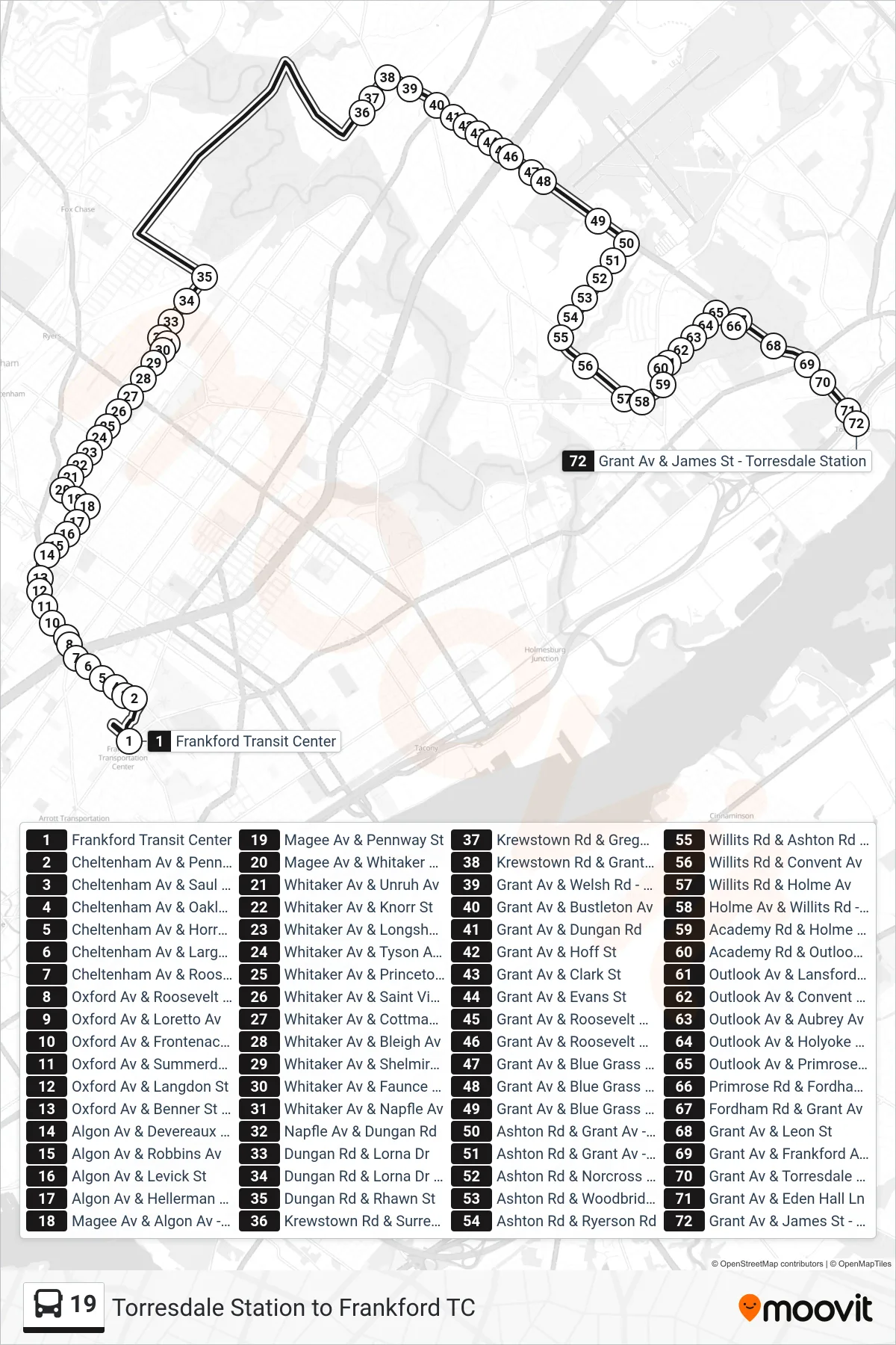 19 bus Line (Torresdale Station Via Dungan-Grant) route and stops on a map