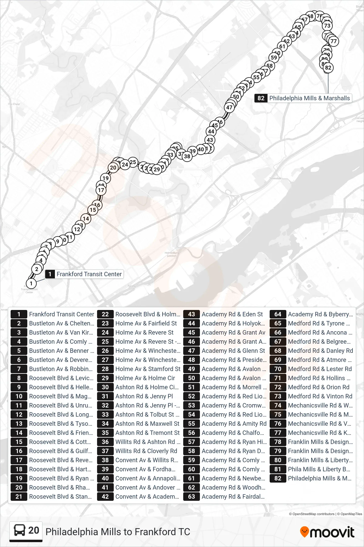 20 bus Line (Philadelphia Mills) route and stops on a map
