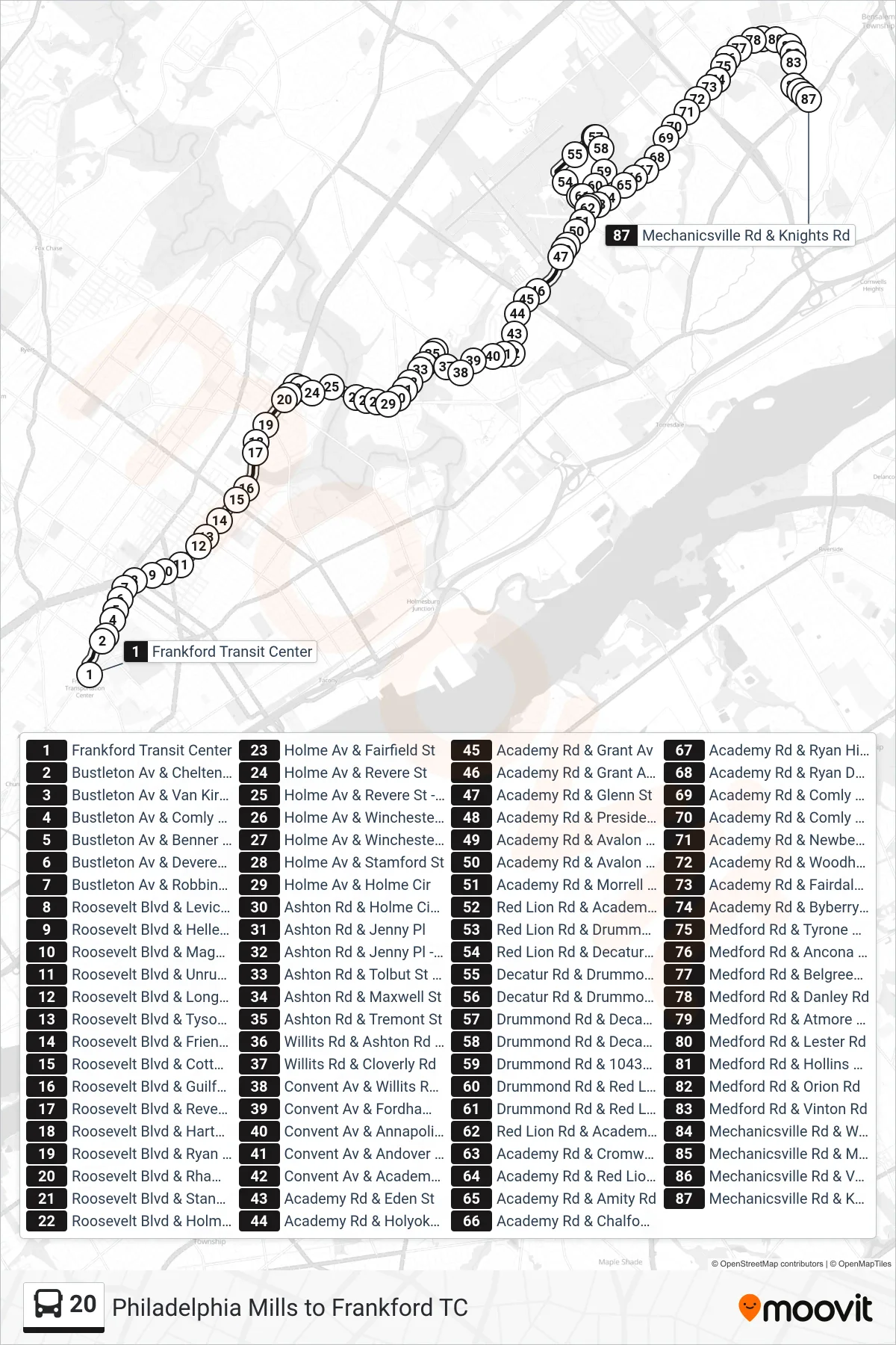 20 bus Line (Knights-Mechanicsville) route and stops on a map