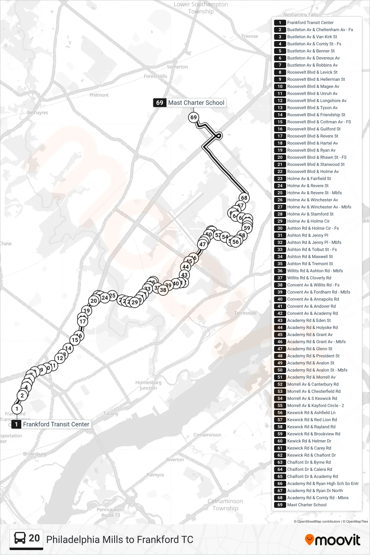 20 bus Line (Byberry-Evans) route and stops on a map